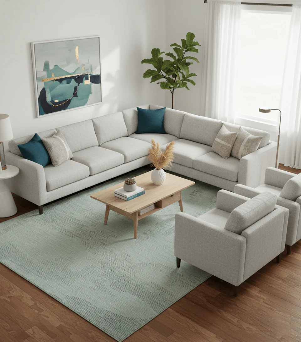 Custom Made Modern Abstract Design Ivory, Blue and Brown Hand Tufted Wool Area Rug - Image 2