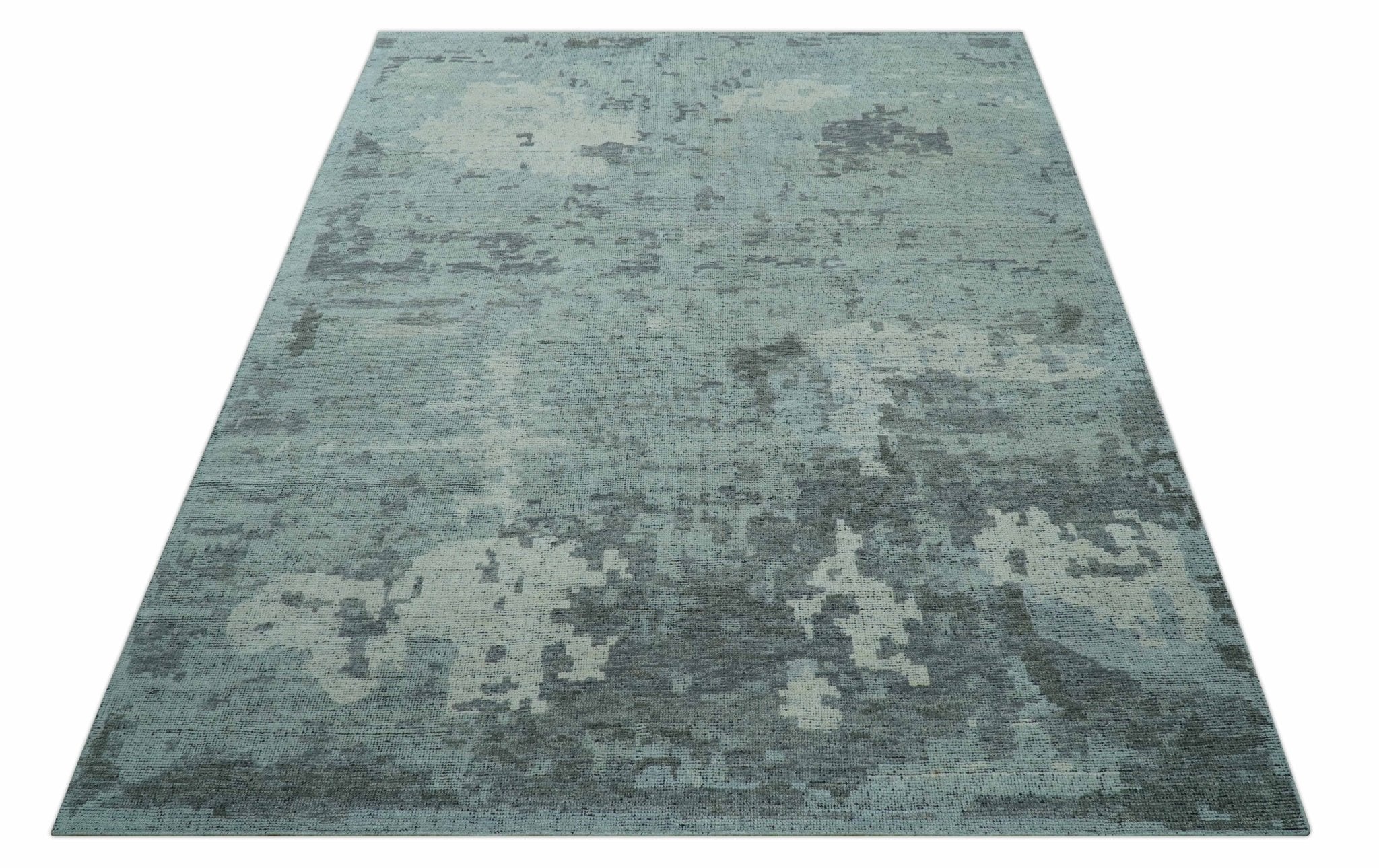Custom Made Modern Abstract Design Blue And Gray Hand Knotted Wool Area Rug - Image 11