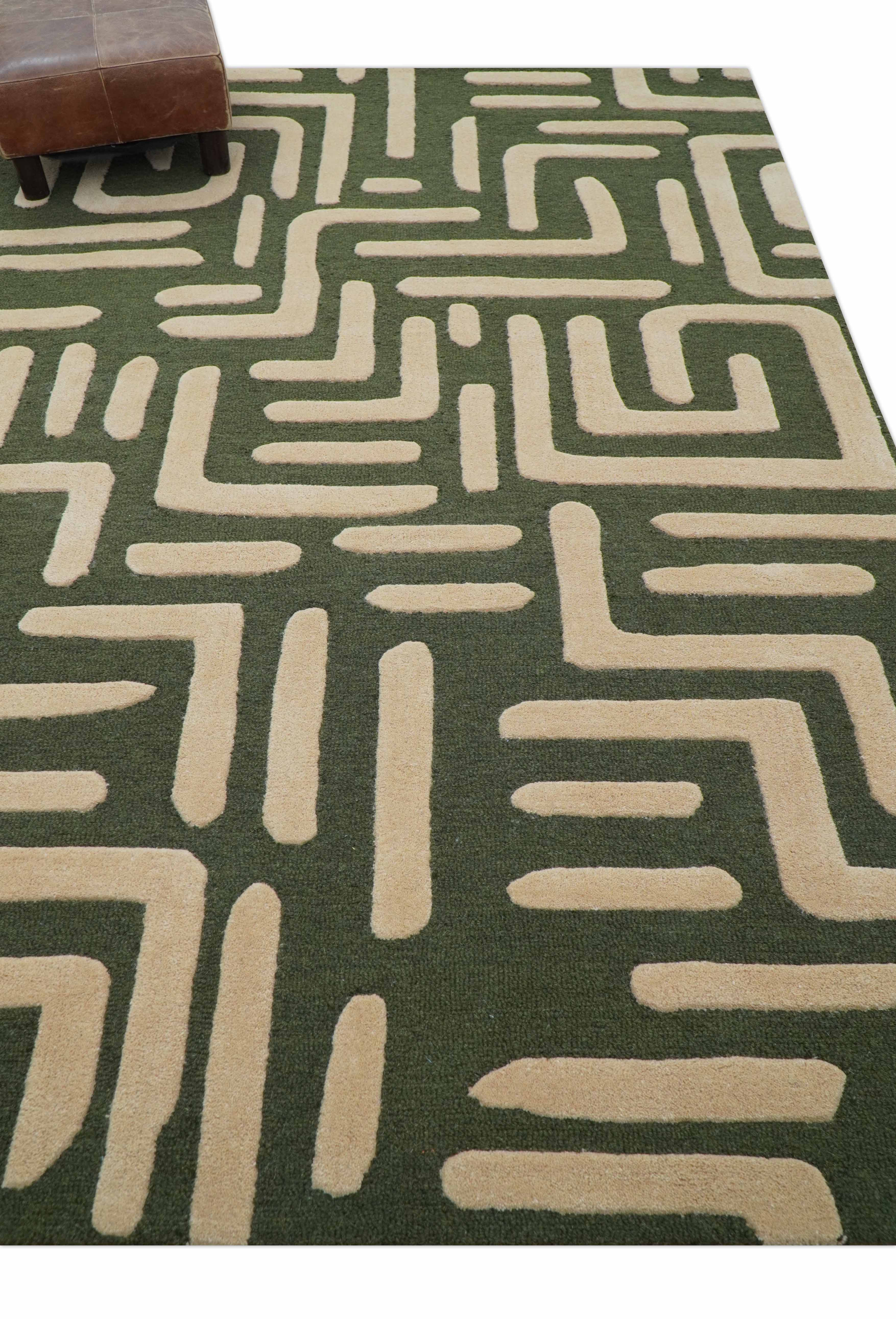 Maze Custom Made Modern Abstract Design Olive Hand Tufted Wool Area Rug - Image 11