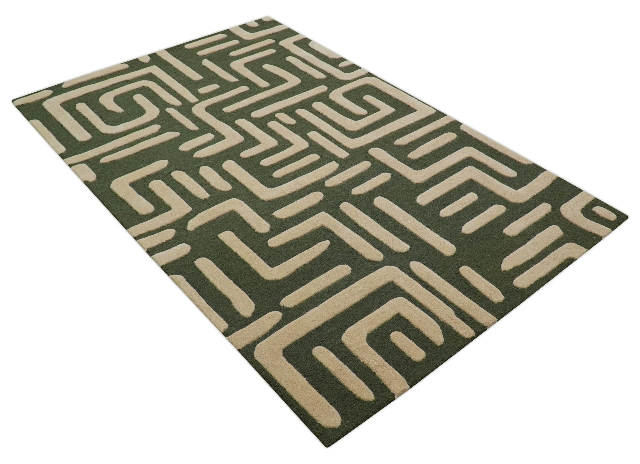 Maze Custom Made Modern Abstract Design Olive Hand Tufted Wool Area Rug - Image 3