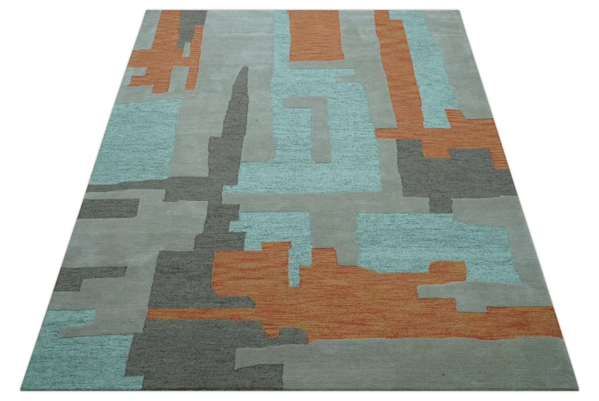 Custom Made Modern Abstract Gray And Blue Hand Tufted Wool Area Rug - Image 3