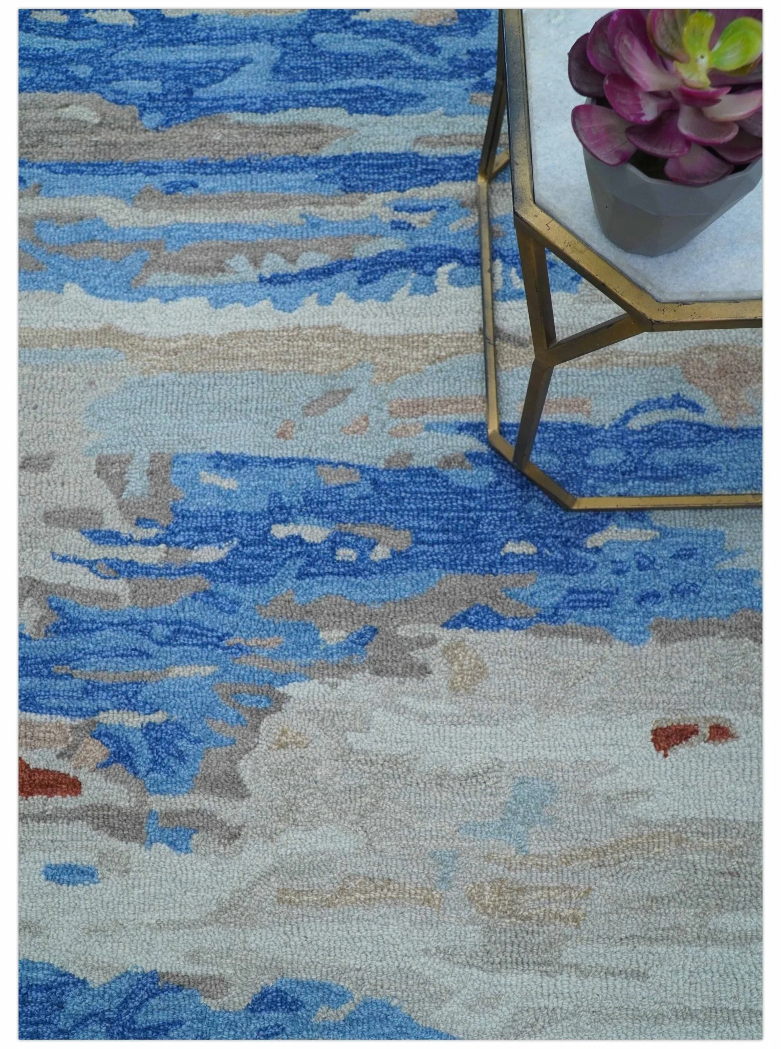 Custom Made Modern Abstract Silver And Blue Hand Tufted Wool  Rug - Image 3