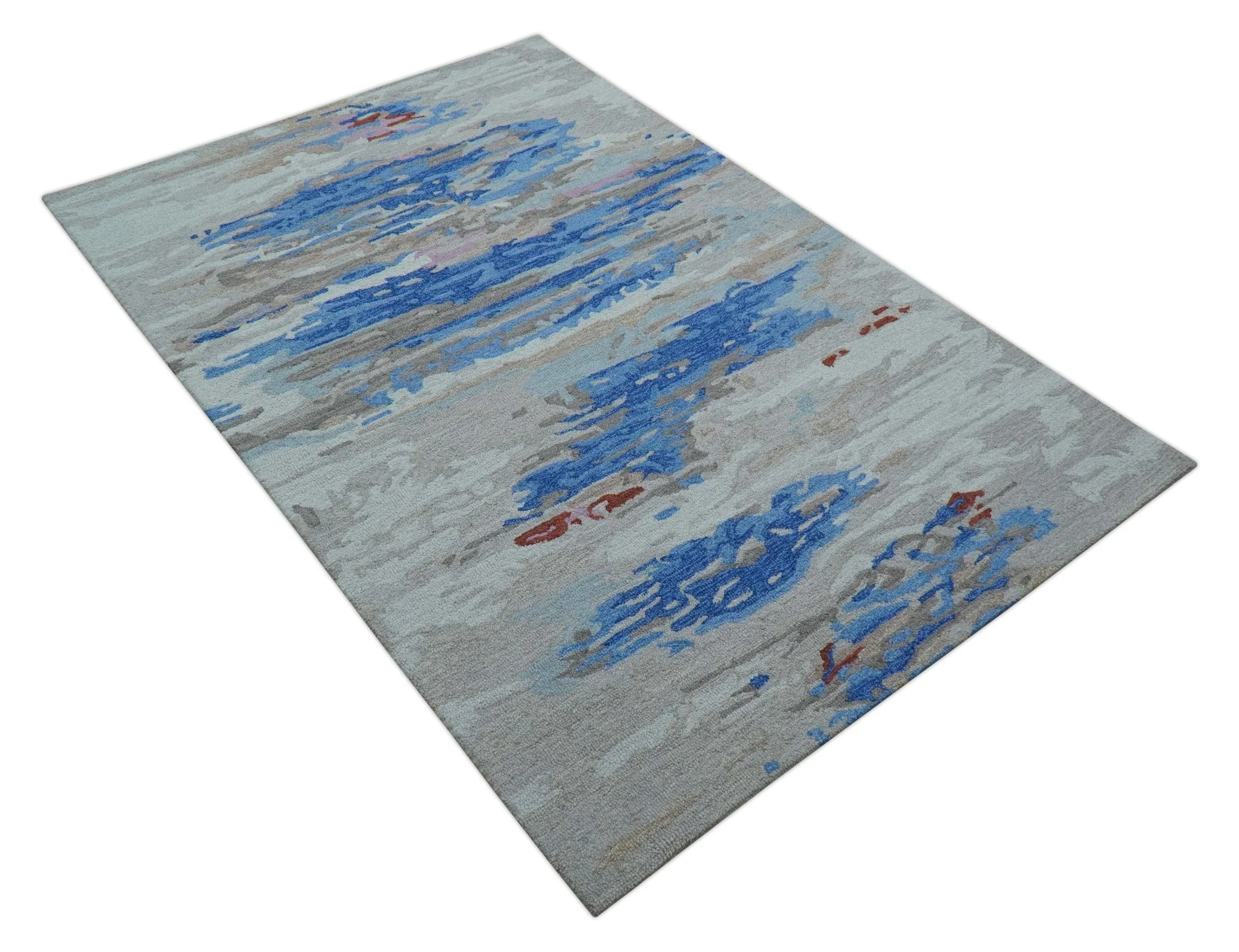Custom Made Modern Abstract Silver And Blue Hand Tufted Wool  Rug - Image 4