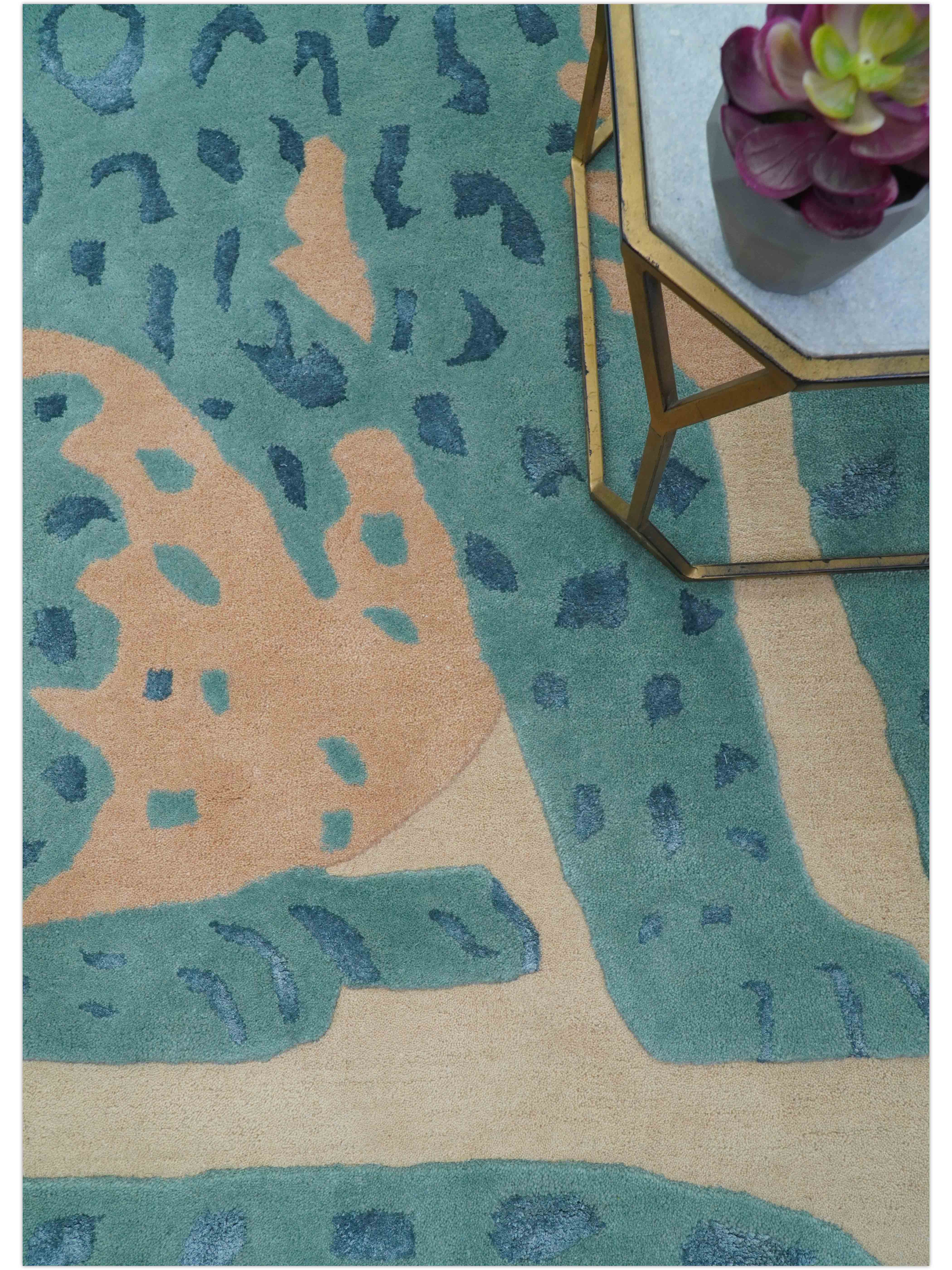 Custom Made Modern Animal Pattern Teal And Beige Hand Tufted Wool Area Rug - Image 10