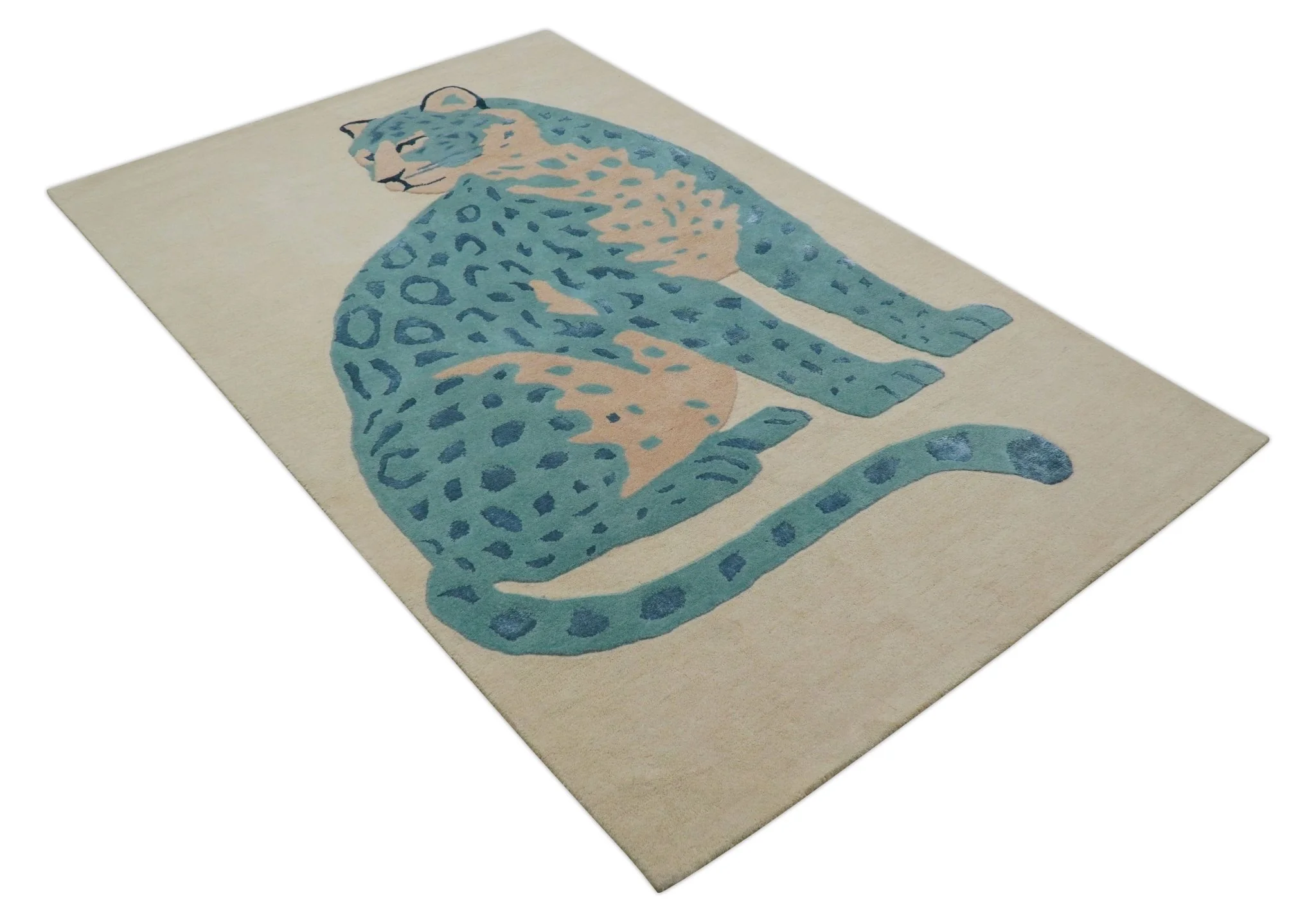 Custom Made Modern Animal Pattern Teal And Beige Hand Tufted Wool Area Rug - Image 3