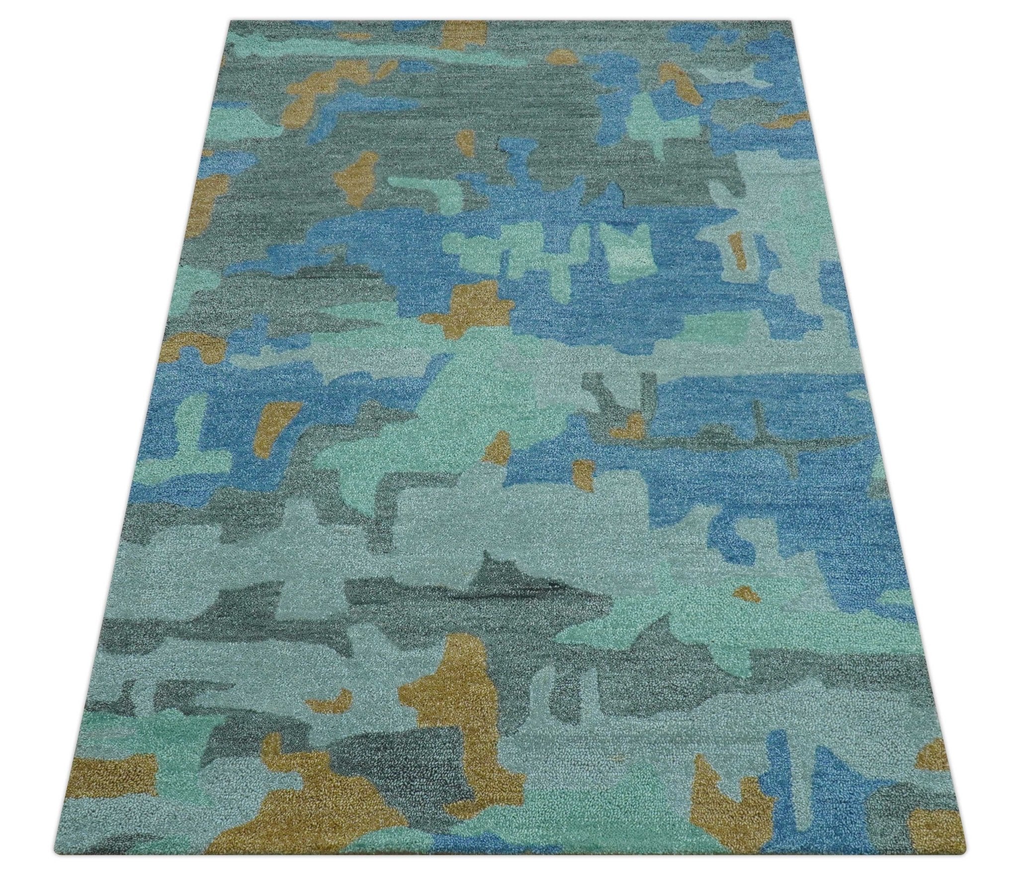 Custom Made Modern Blue Abstract Design Hand Tufted Wool And Viscose Area Rug - Image 10