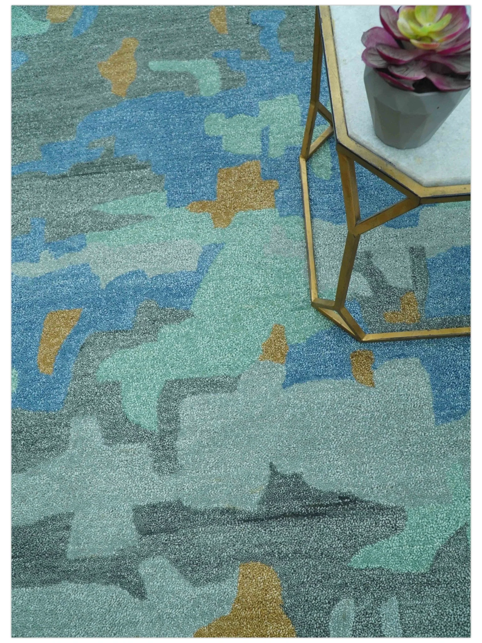 Custom Made Modern Blue Abstract Design Hand Tufted Wool And Viscose Area Rug - Image 3