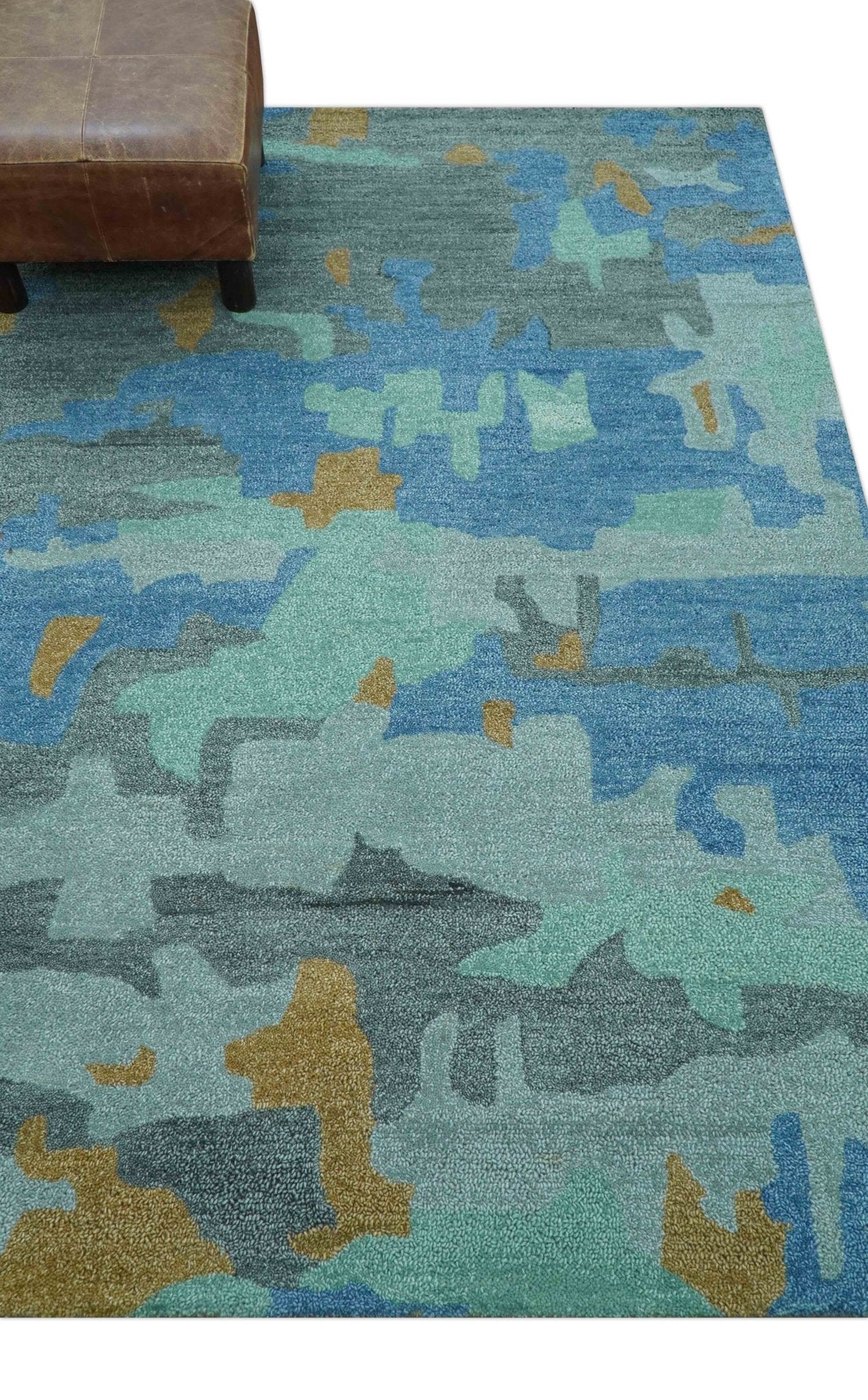 Custom Made Modern Blue Abstract Design Hand Tufted Wool And Viscose Area Rug - Image 4