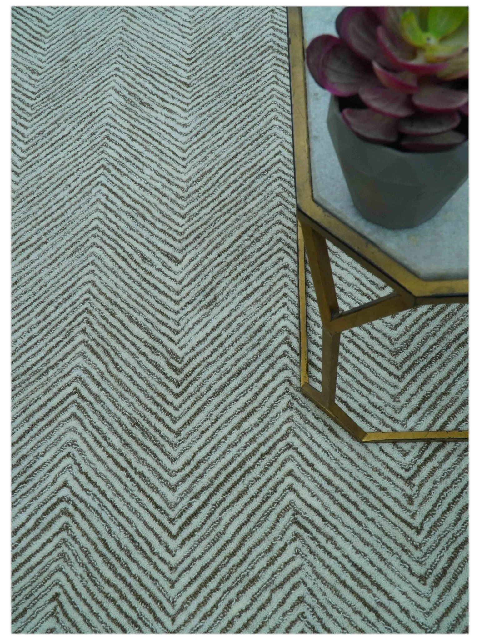 Custom Made Modern Chevron Ivory And Brown Hand Tufted Wool Area Rug - Image 10