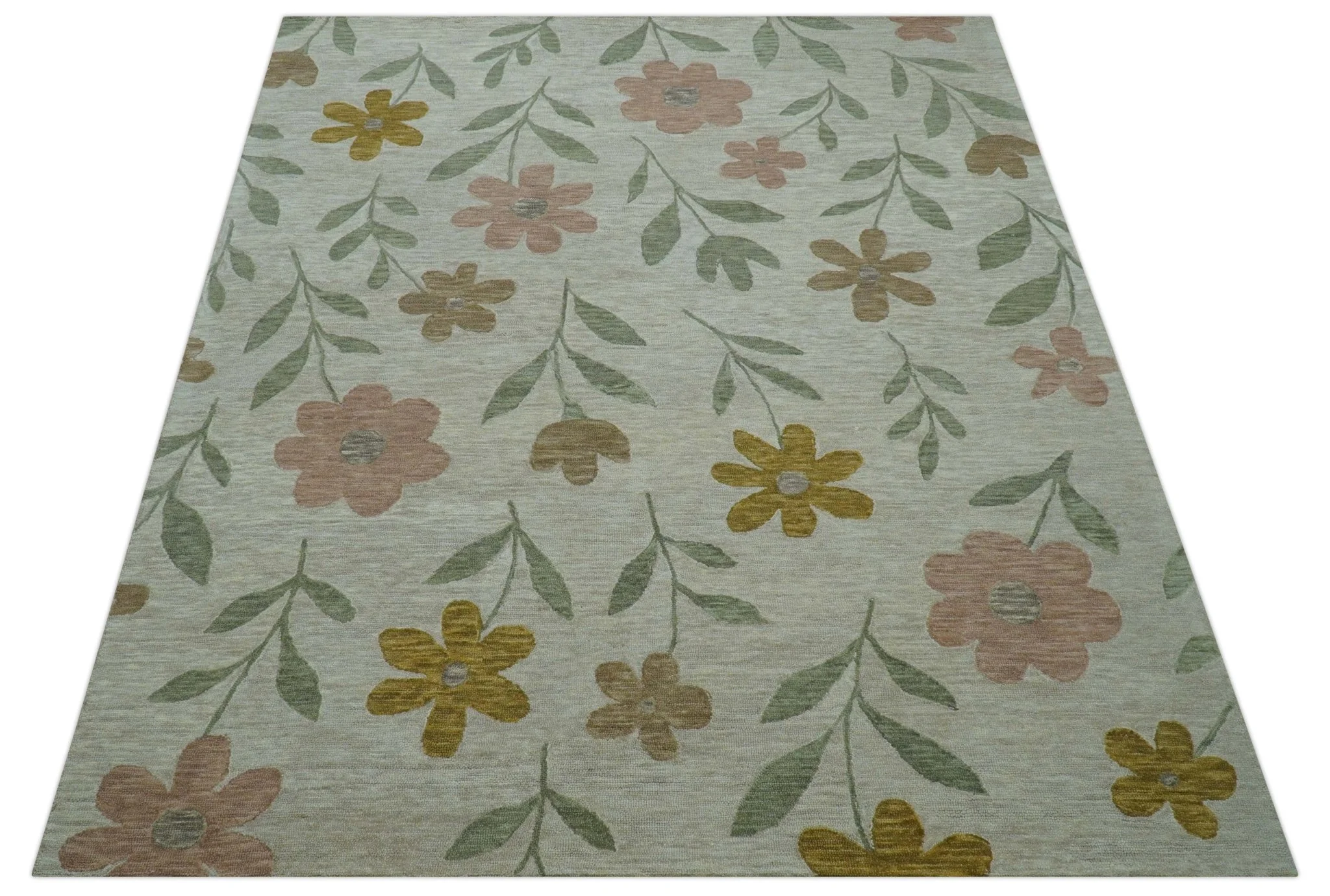 Custom Made Modern Floral Design Beige Hand Tufted Wool Area Rug - Image 10