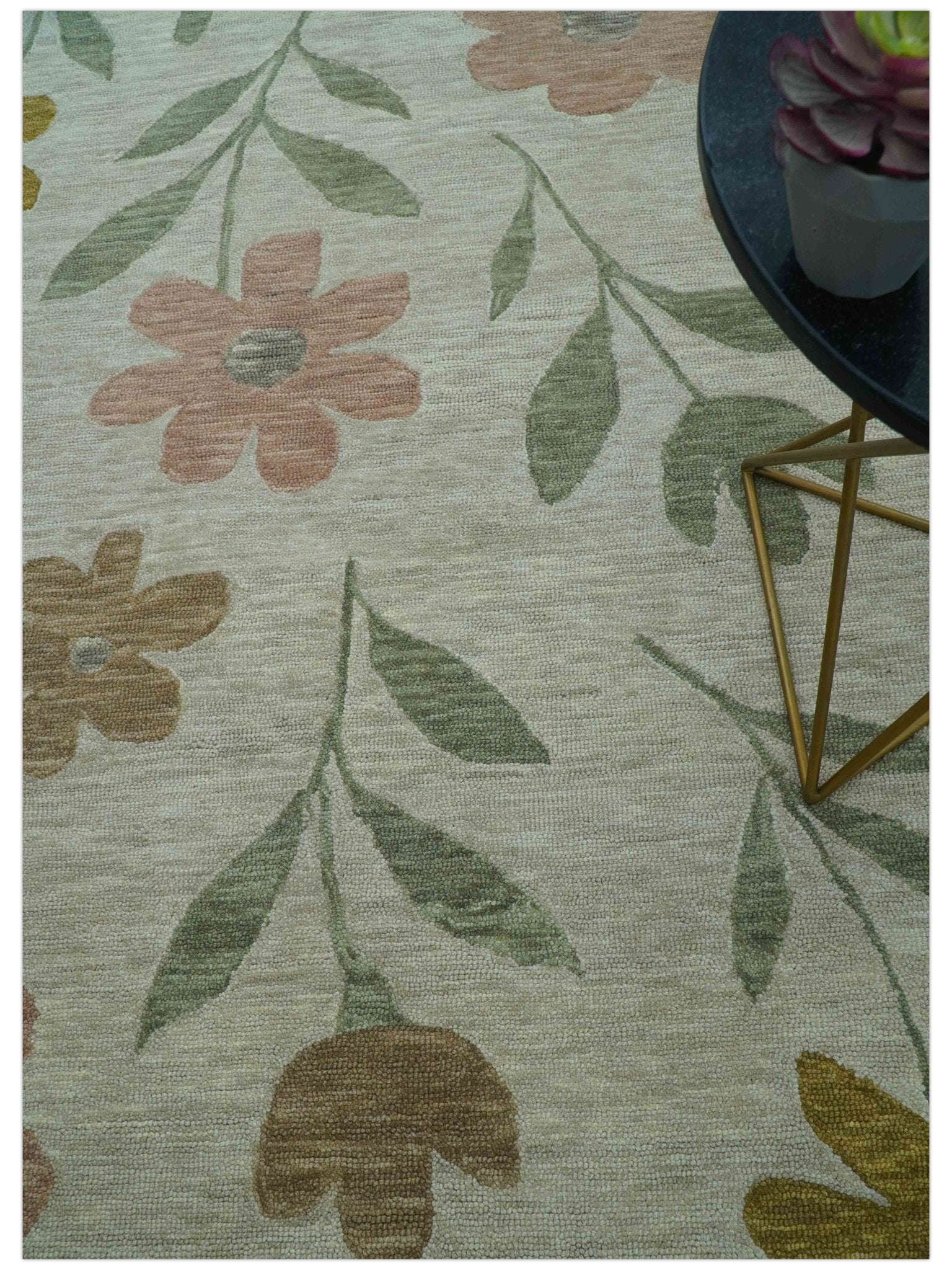Custom Made Modern Floral Design Beige Hand Tufted Wool Area Rug - Image 3