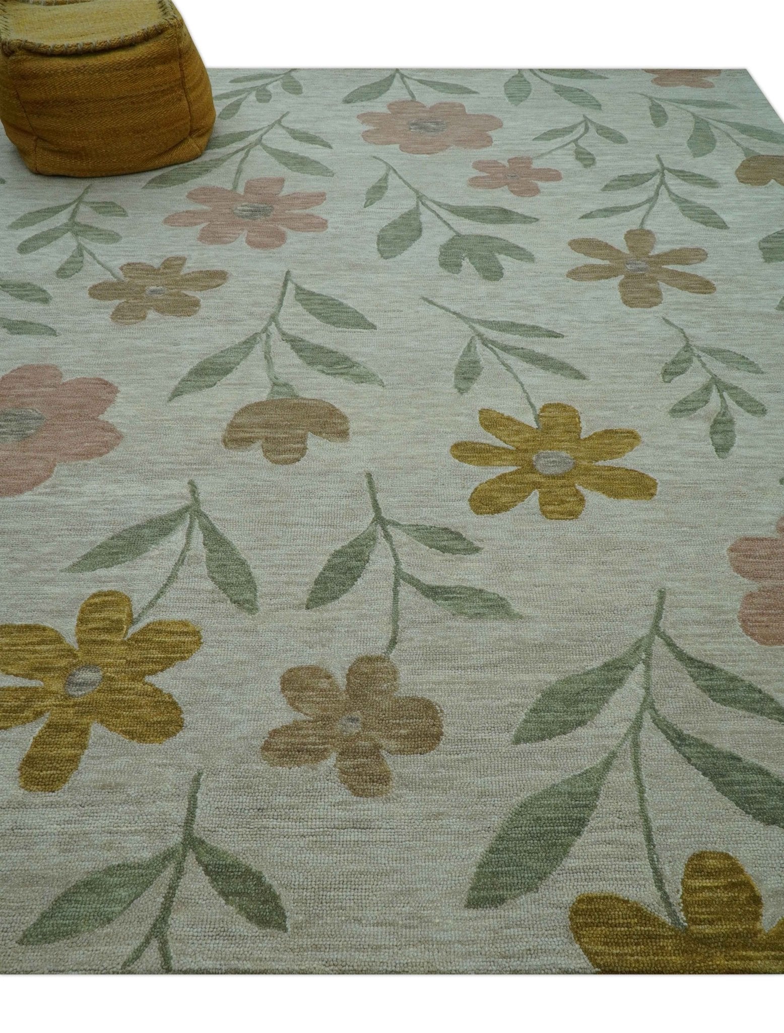 Custom Made Modern Floral Design Beige Hand Tufted Wool Area Rug - Image 4