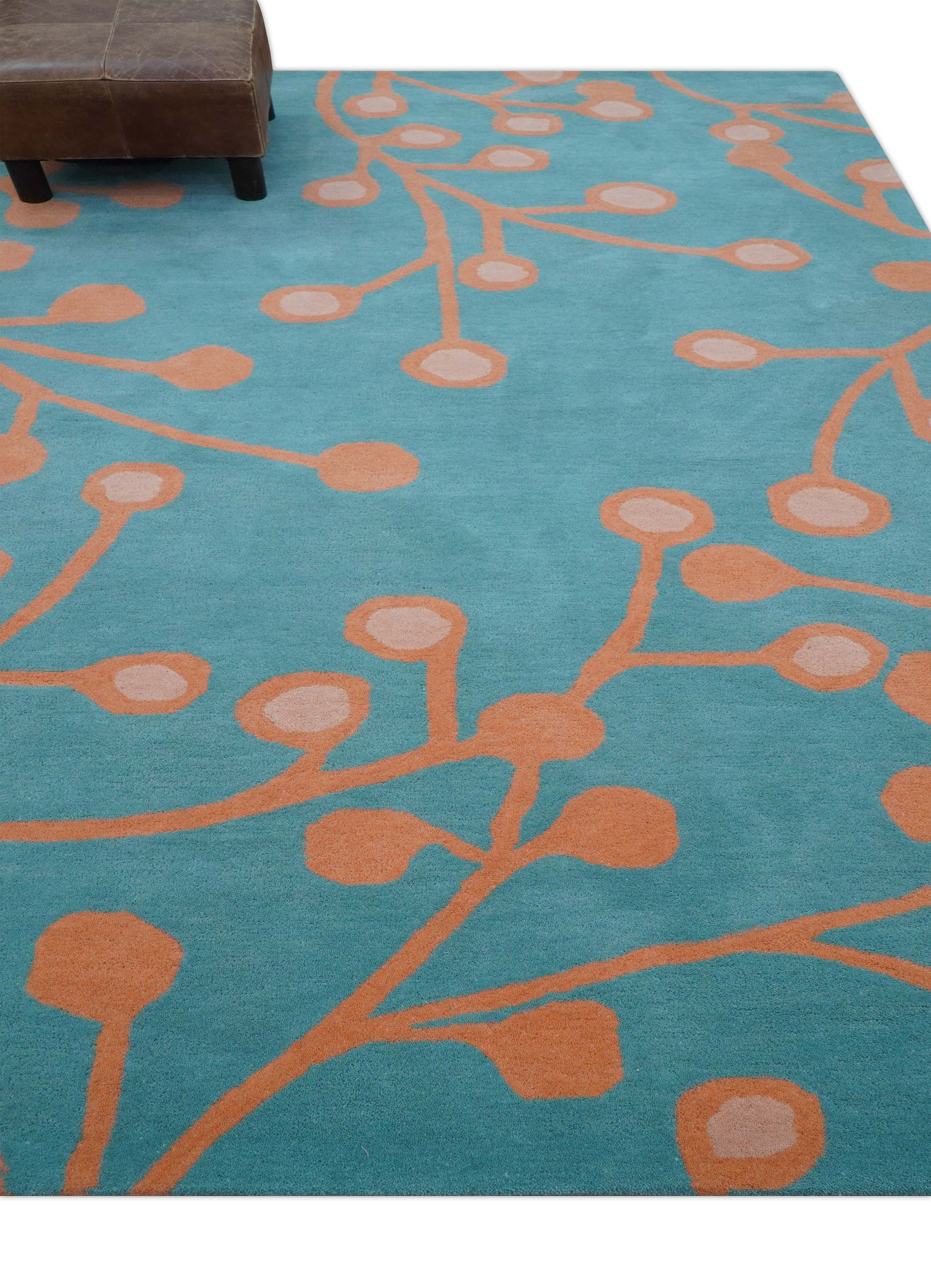 Custom Made Modern Floral Design Blue Hand Tufted Wool Area Rug - Image 8