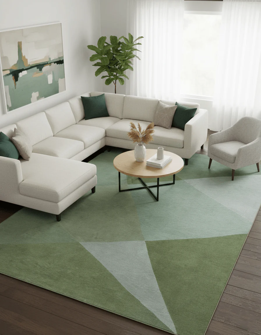 Custom Made Modern Geometrical Design Green And Gray Hand knotted wool Area Rug - Image 2