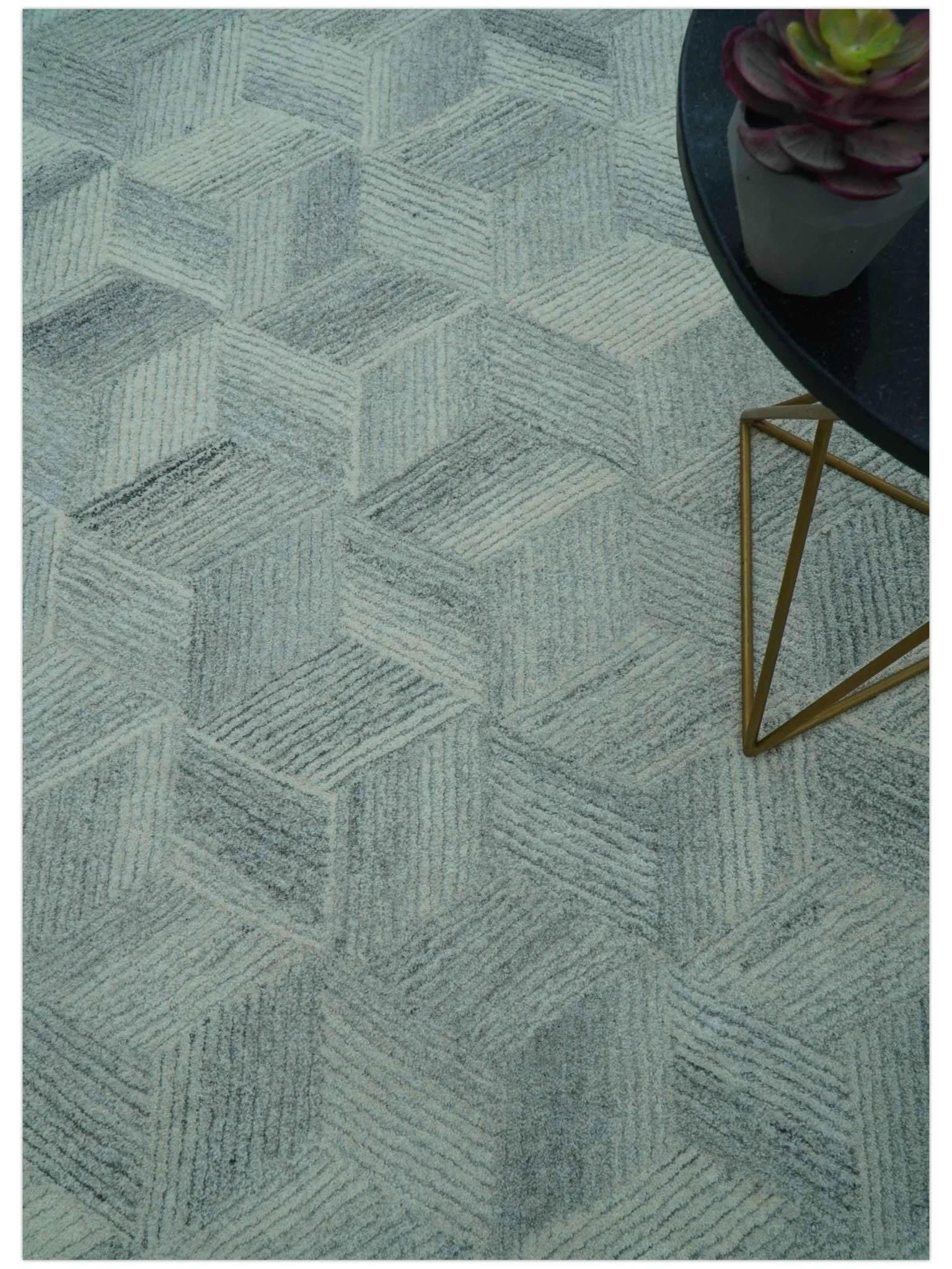 Custom Made Modern Geometrical Gray Hand Tufted Natural Wool Area Rug - Image 3