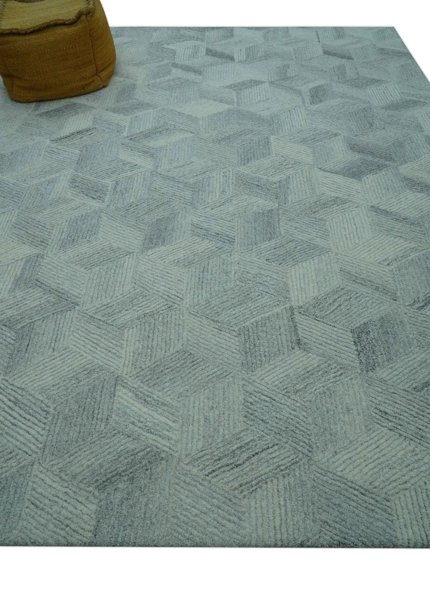 Custom Made Modern Geometrical Gray Hand Tufted Natural Wool Area Rug - Image 4