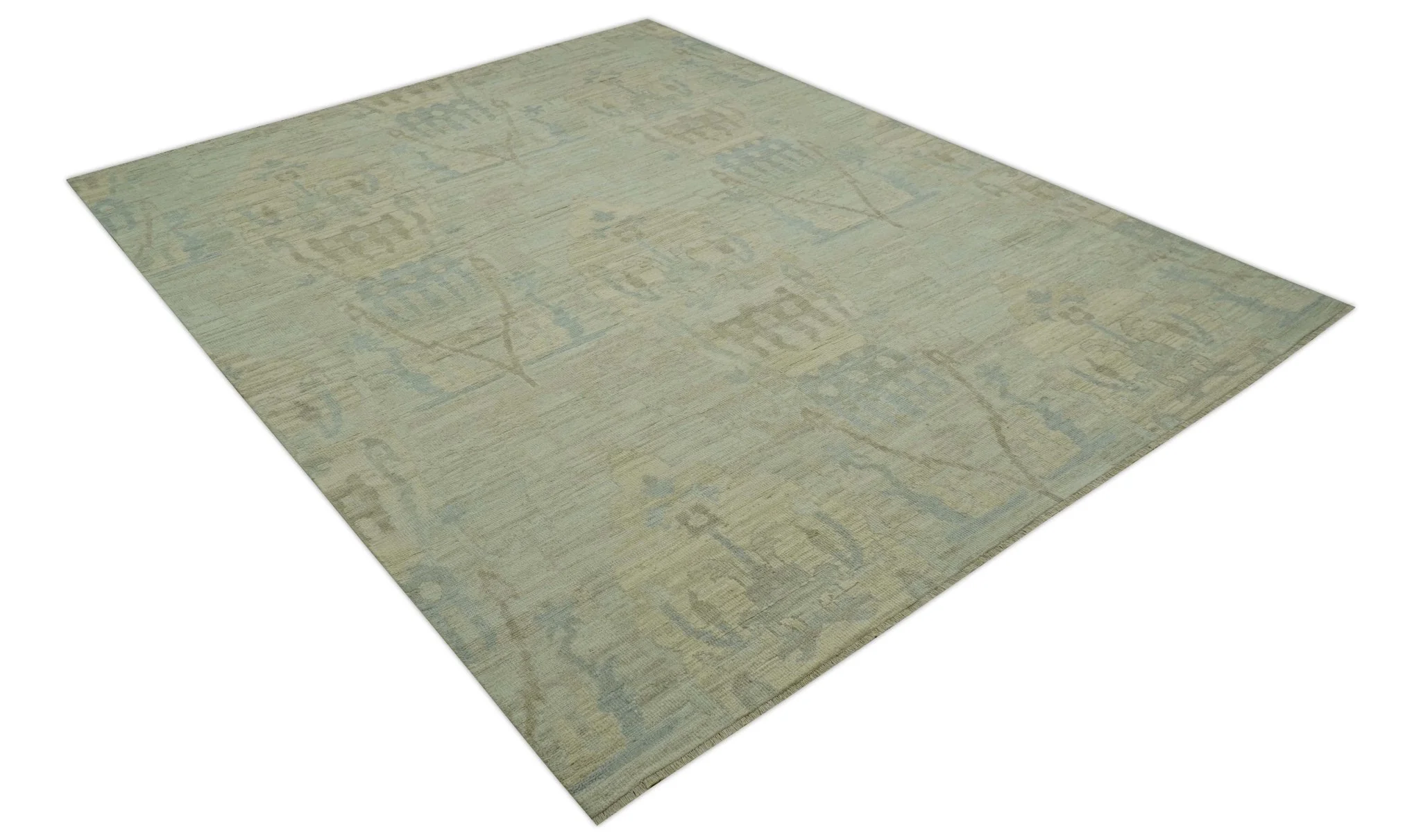 Custom Made Modern Ikat Design Beige And Blue Hand Knotted Wool Area Rug - Image 12
