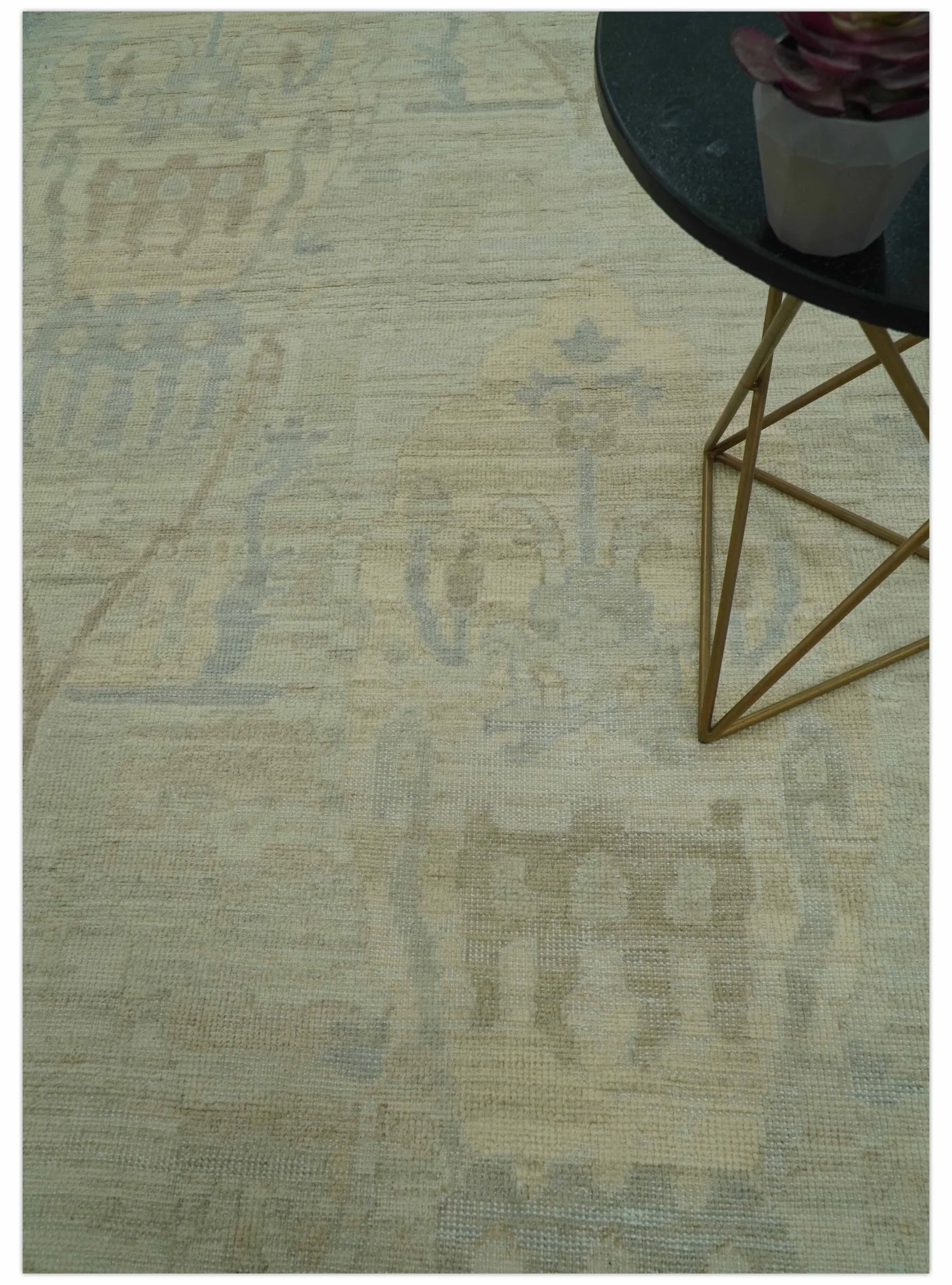 Custom Made Modern Ikat Design Beige And Blue Hand Knotted Wool Area Rug - Image 3