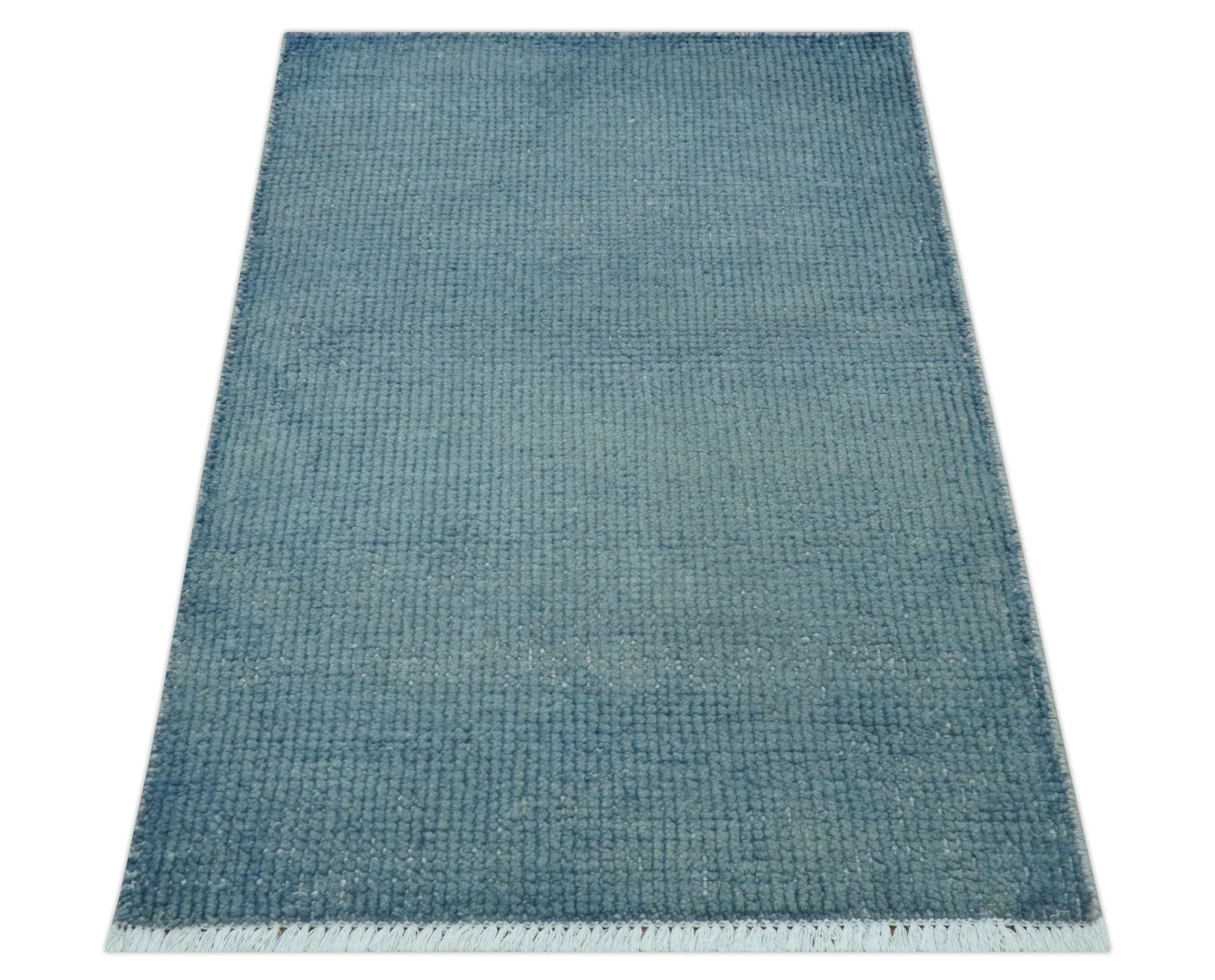 Custom Made Modern Solid Overdyed Light Blue Hand Knotted Wool Area Rug - Image 9