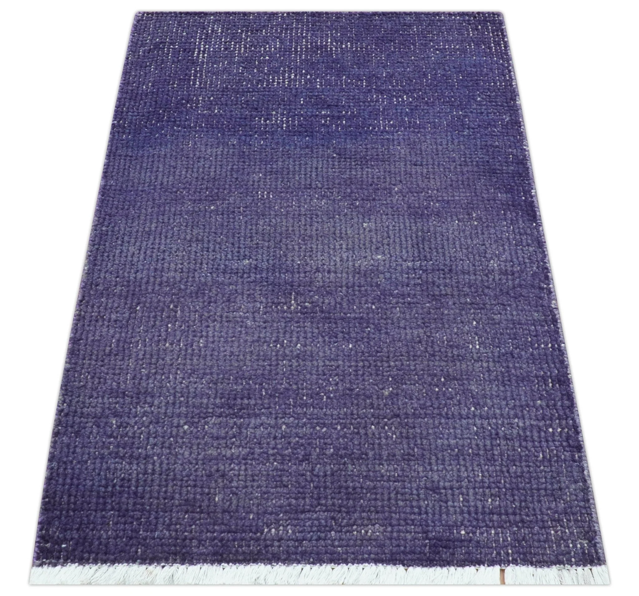 Custom Made Purple Modern Solid Overdyed Hand Knotted Wool Area Rug - Image 5