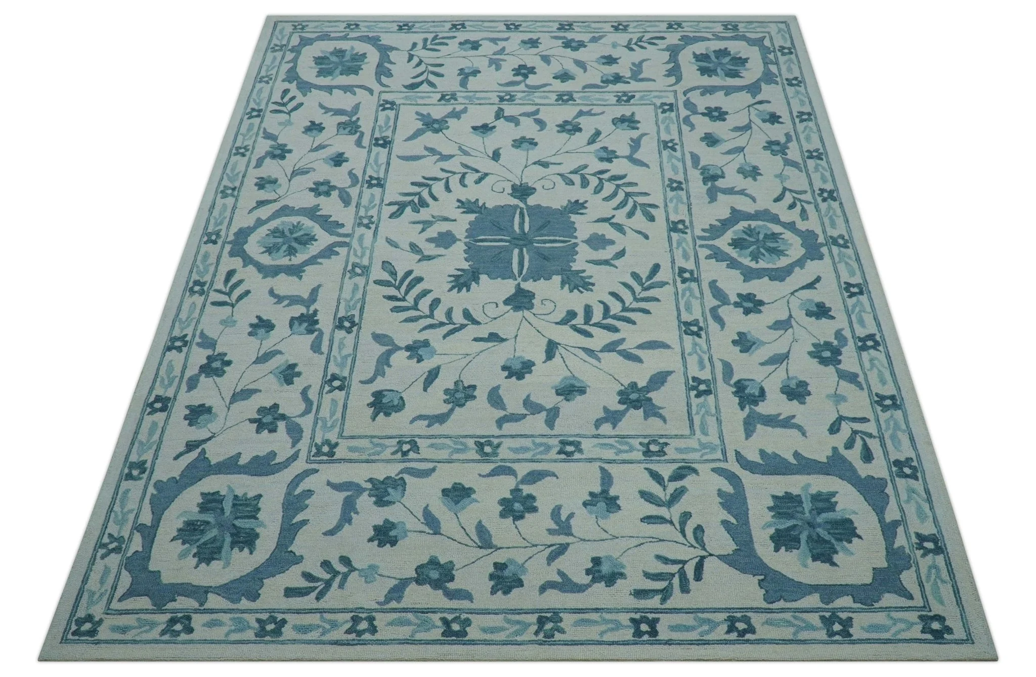 Custom Made Oriental Uzbek Design Floral Ivory And Blue Hand Tufted Wool Rug - Image 10