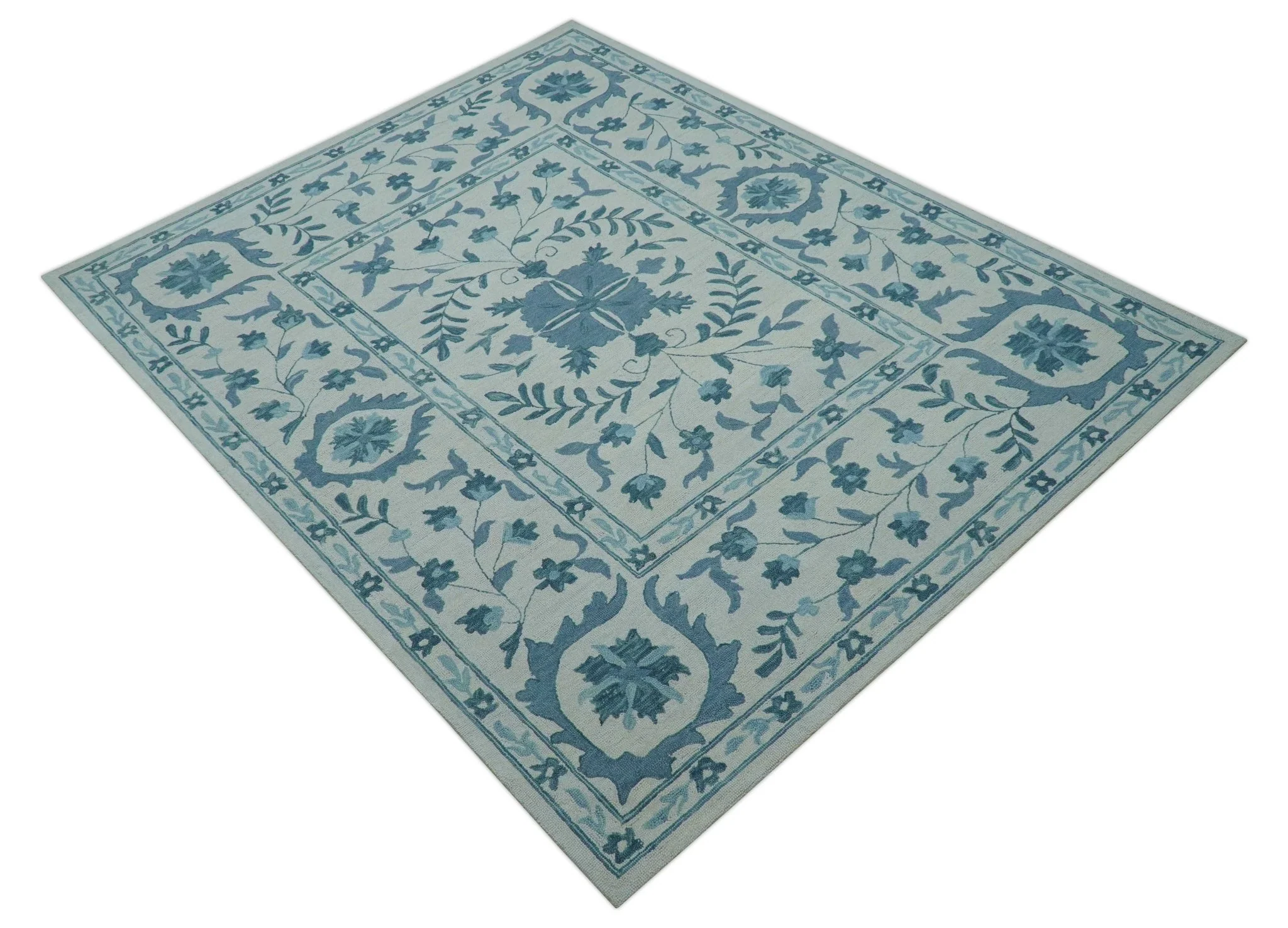 Custom Made Oriental Uzbek Design Floral Ivory And Blue Hand Tufted Wool Rug - Image 11
