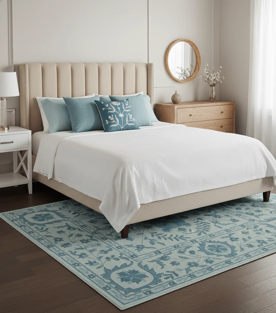 Custom Made Oriental Uzbek Design Floral Ivory And Blue Hand Tufted Wool Rug - Image 2