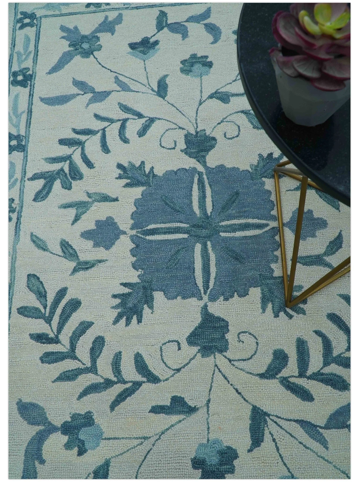 Custom Made Oriental Uzbek Design Floral Ivory And Blue Hand Tufted Wool Rug - Image 3