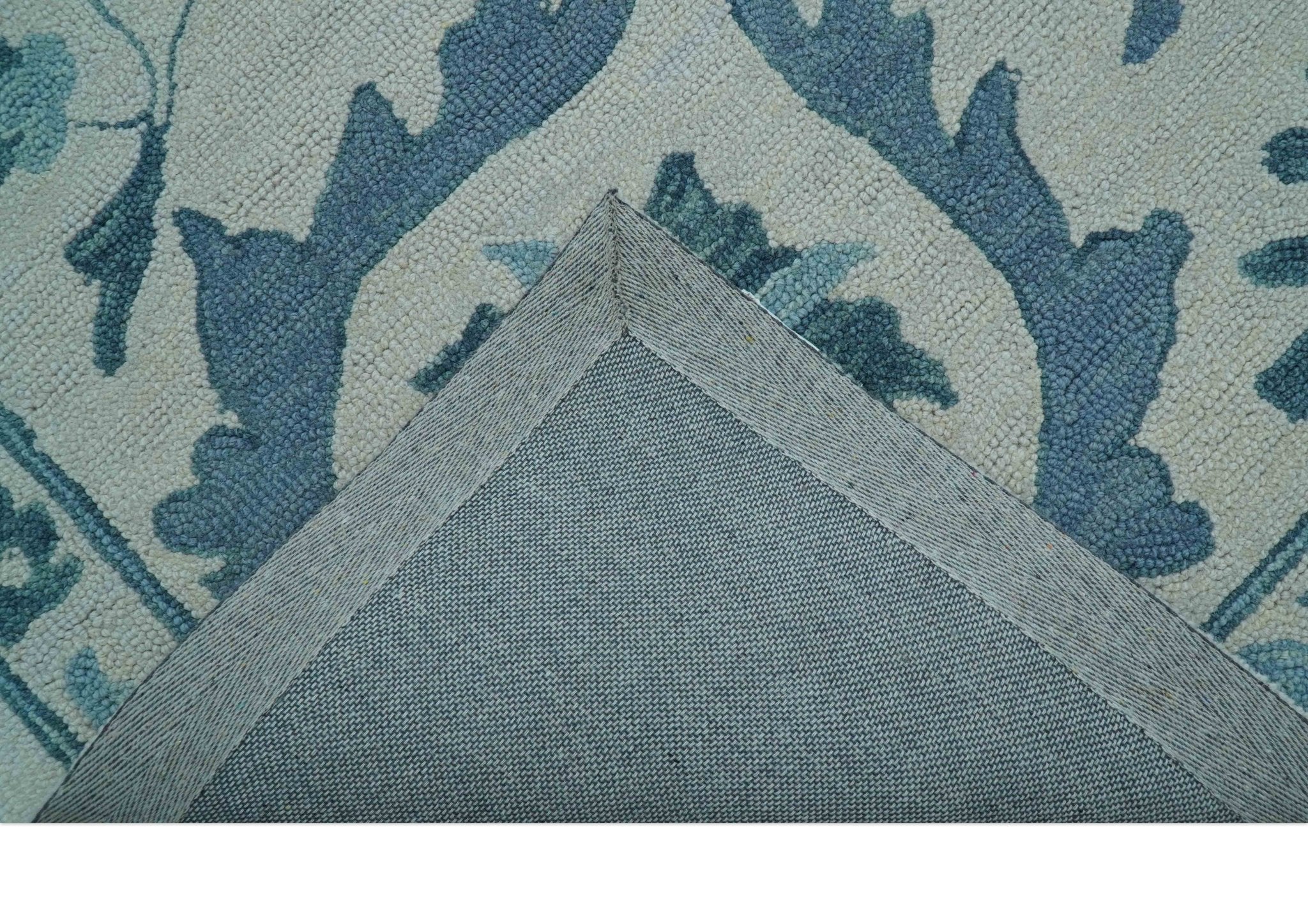 Custom Made Oriental Uzbek Design Floral Ivory And Blue Hand Tufted Wool Rug - Image 4