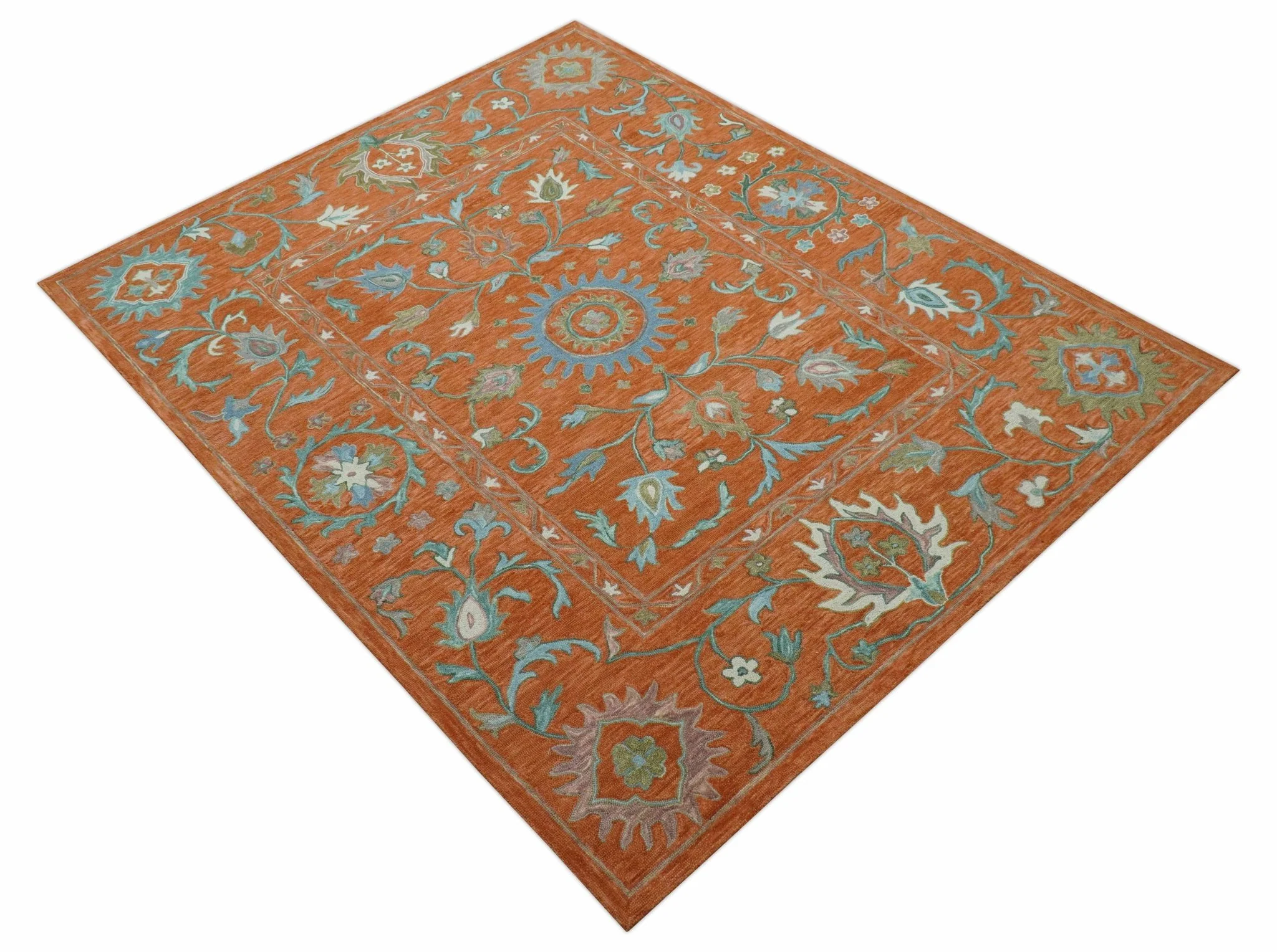Custom Made Oriental Uzbek Design Floral Rust Hand Tufted Wool Area Rug - Image 11