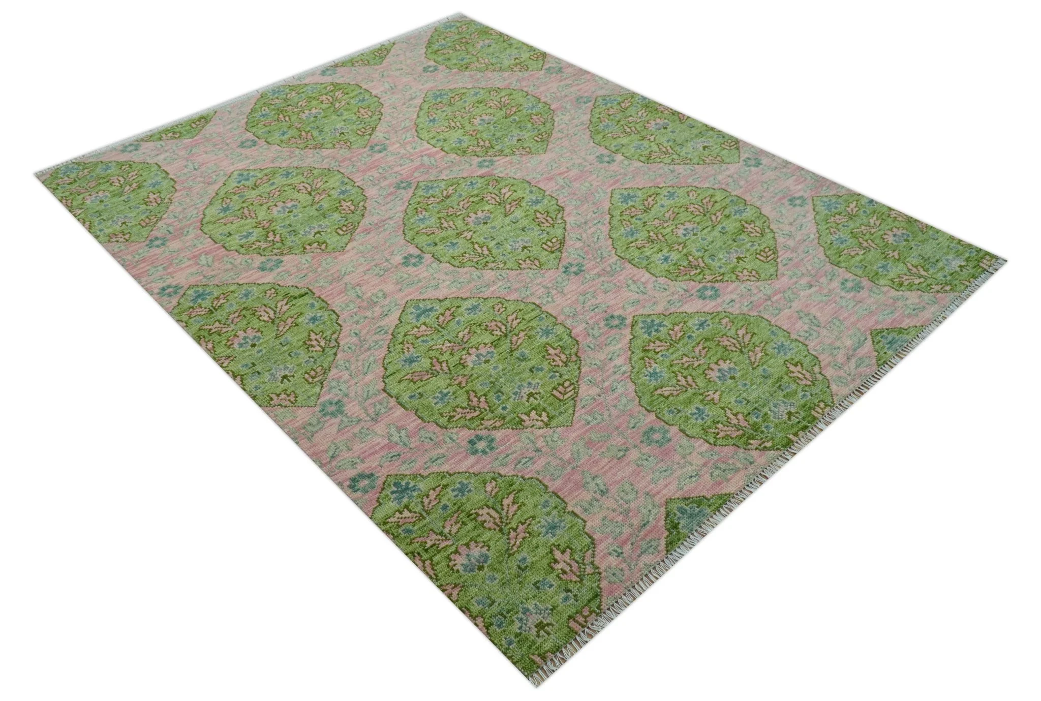 Custom Made Pink And Green Traditional Floral Motifs Design Hand Knotted wool area rug - Image 10