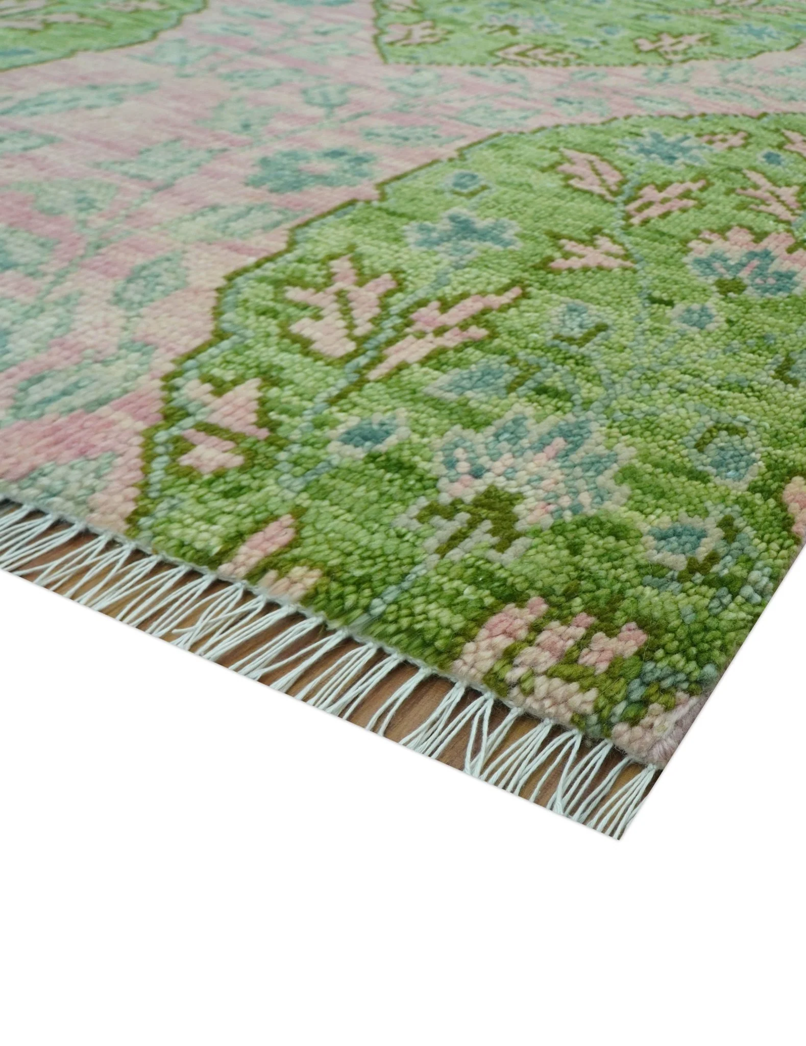 Custom Made Pink And Green Traditional Floral Motifs Design Hand Knotted wool area rug - Image 4