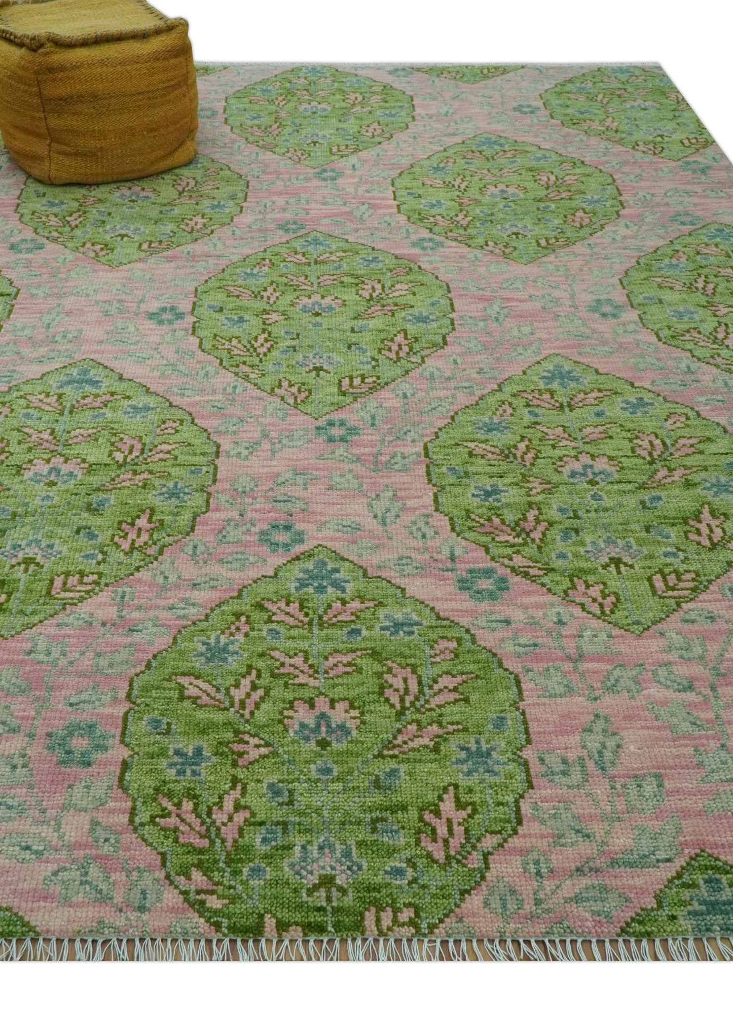 Custom Made Pink And Green Traditional Floral Motifs Design Hand Knotted wool area rug - Image 8