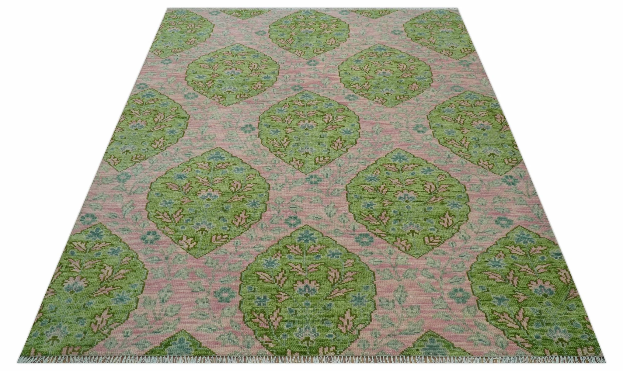 Custom Made Pink And Green Traditional Floral Motifs Design Hand Knotted wool area rug - Image 9