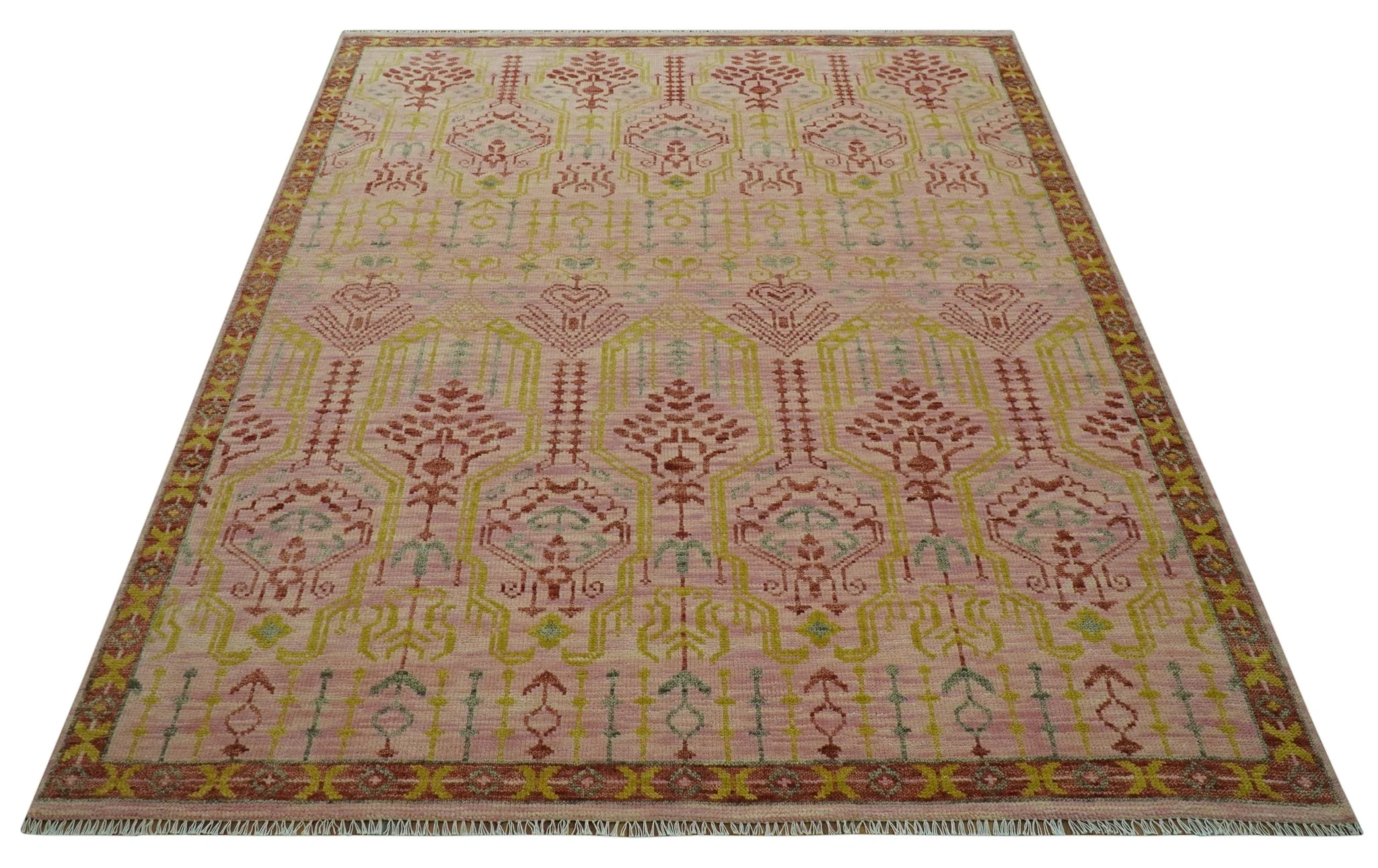 Custom Made Pink And Rust Traditional Design Hand Knotted wool rug - Image 4