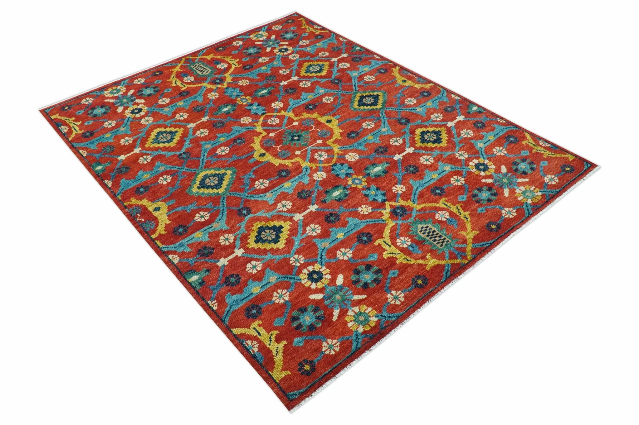 Custom Made Red And Blue Traditional Floral Motifs Hand Knotted Wool Rug - Image 10