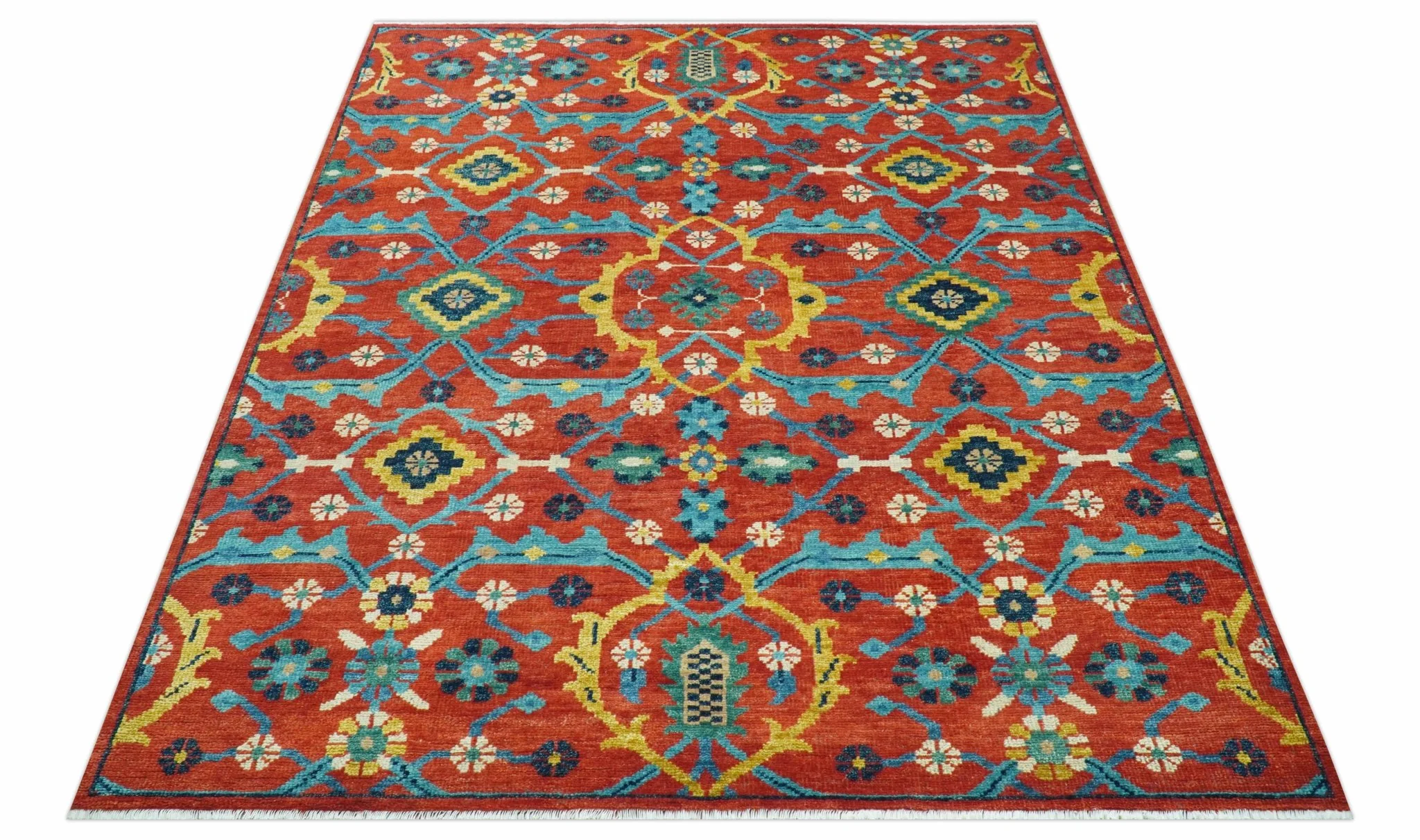 Custom Made Red And Blue Traditional Floral Motifs Hand Knotted Wool Rug - Image 11