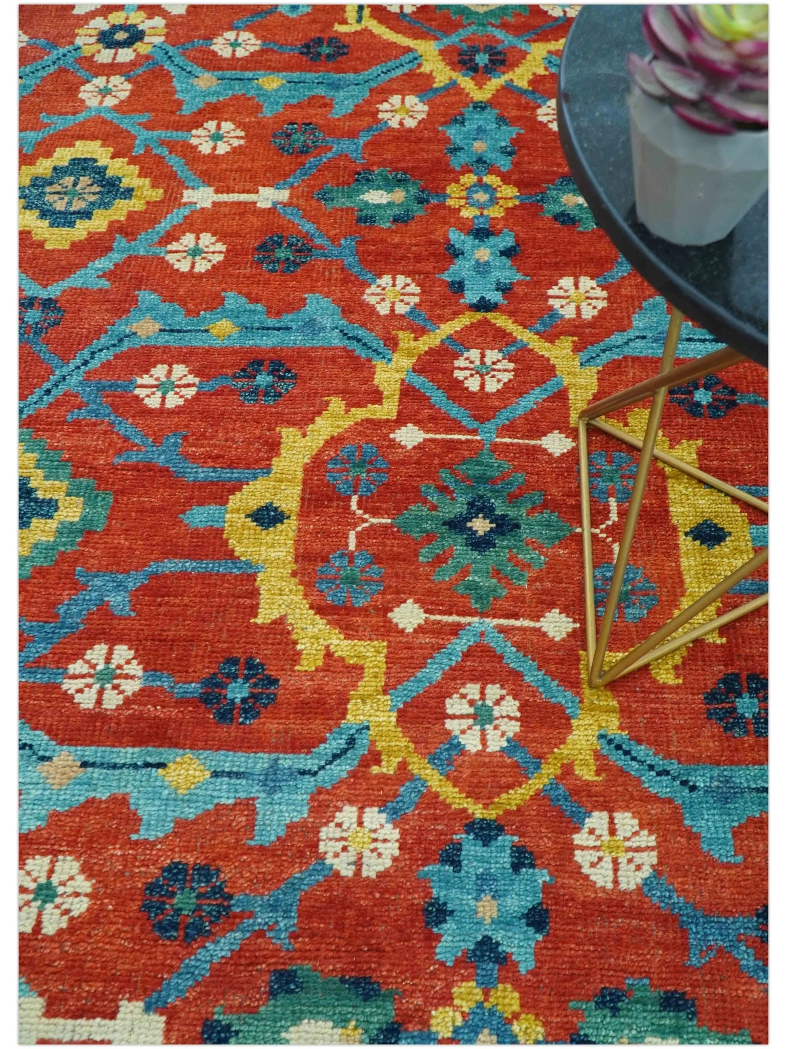 Custom Made Red And Blue Traditional Floral Motifs Hand Knotted Wool Rug - Image 3