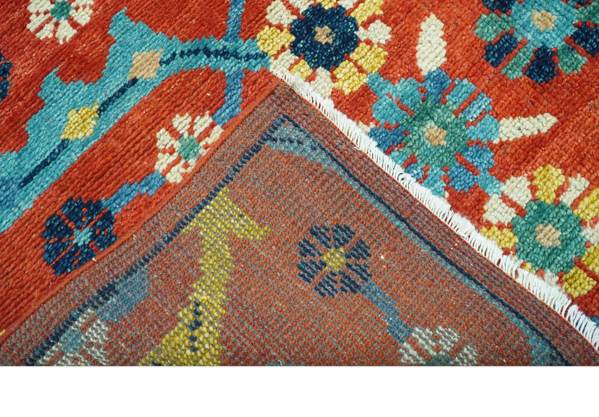 Custom Made Red And Blue Traditional Floral Motifs Hand Knotted Wool Rug - Image 4
