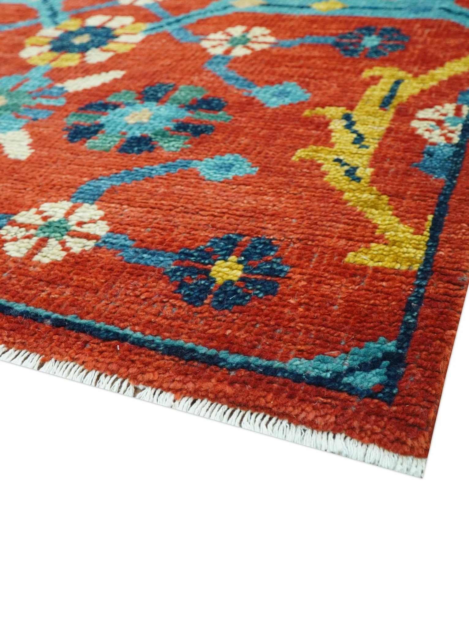 Custom Made Red And Blue Traditional Floral Motifs Hand Knotted Wool Rug - Image 5