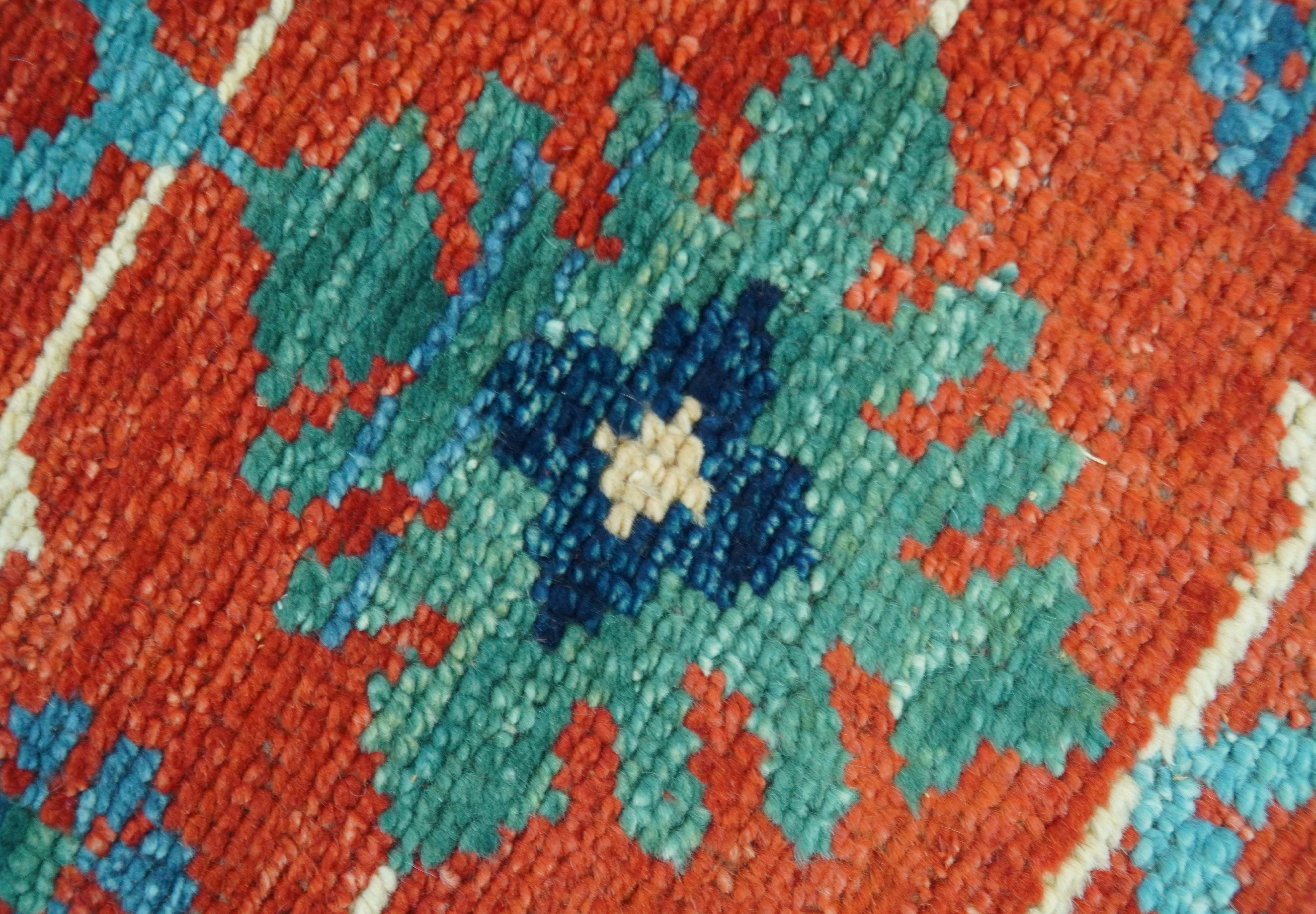 Custom Made Red And Blue Traditional Floral Motifs Hand Knotted Wool Rug - Image 7
