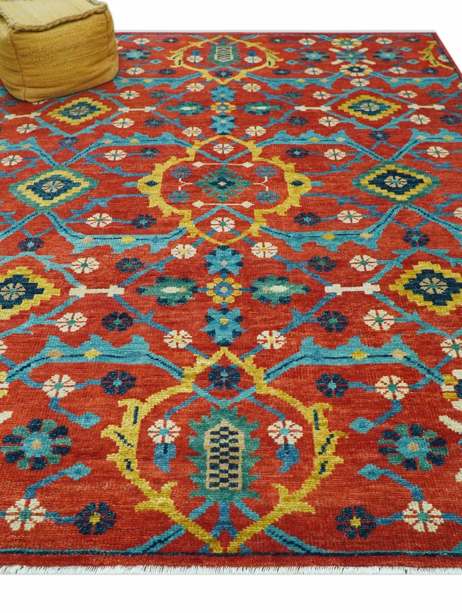 Custom Made Red And Blue Traditional Floral Motifs Hand Knotted Wool Rug - Image 9