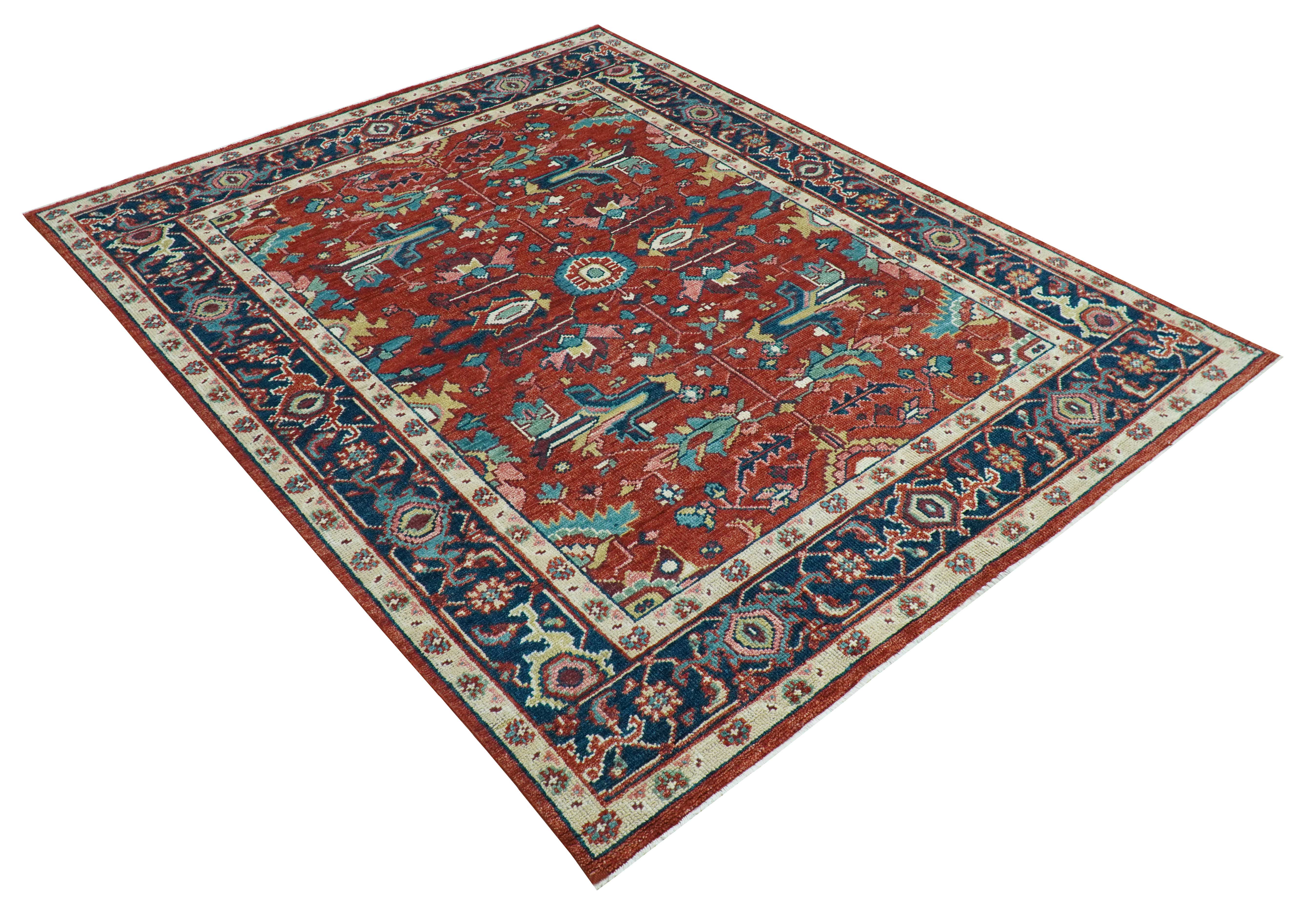 Custom Made Red And Blue Traditional Hand Knotted Wool Rug - Image 10