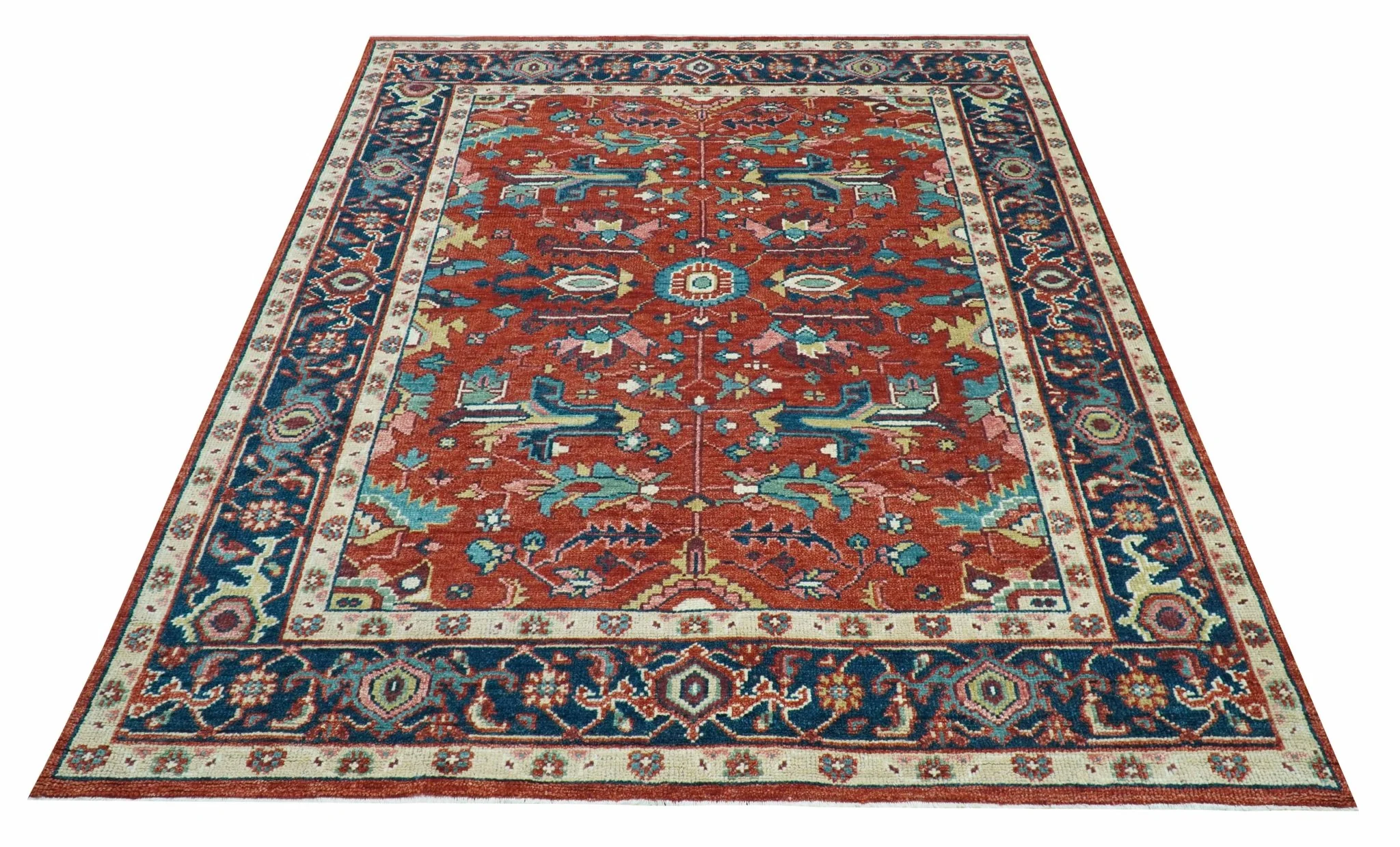Custom Made Red And Blue Traditional Hand Knotted Wool Rug - Image 11