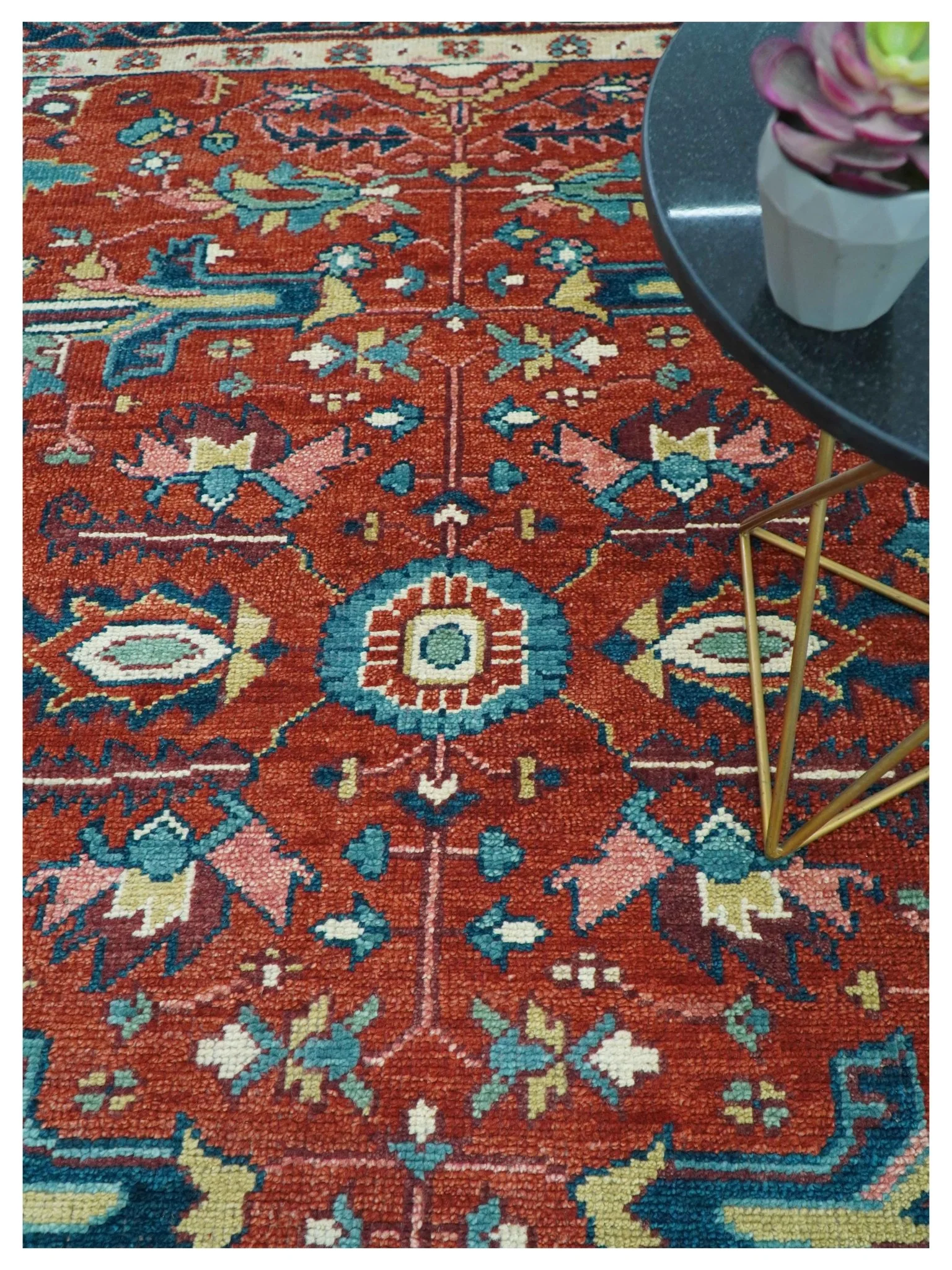 Custom Made Red And Blue Traditional Hand Knotted Wool Rug - Image 3