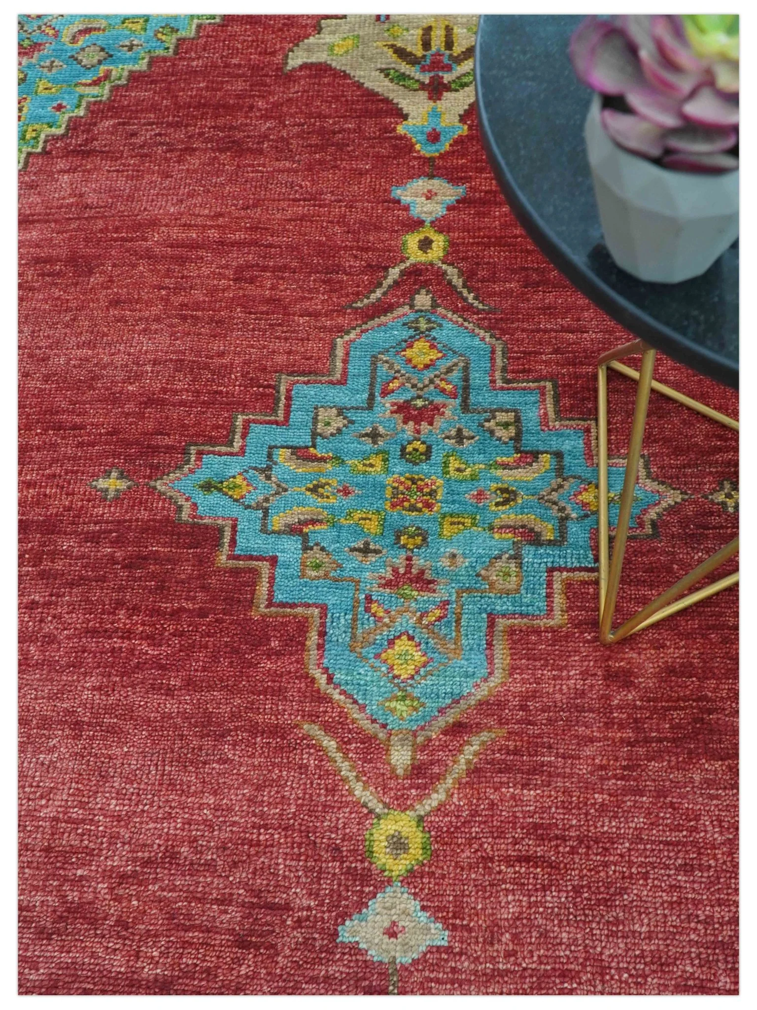 Custom Made Red And Blue Traditional Serapi Hand Knotted Wool Rug - Image 3