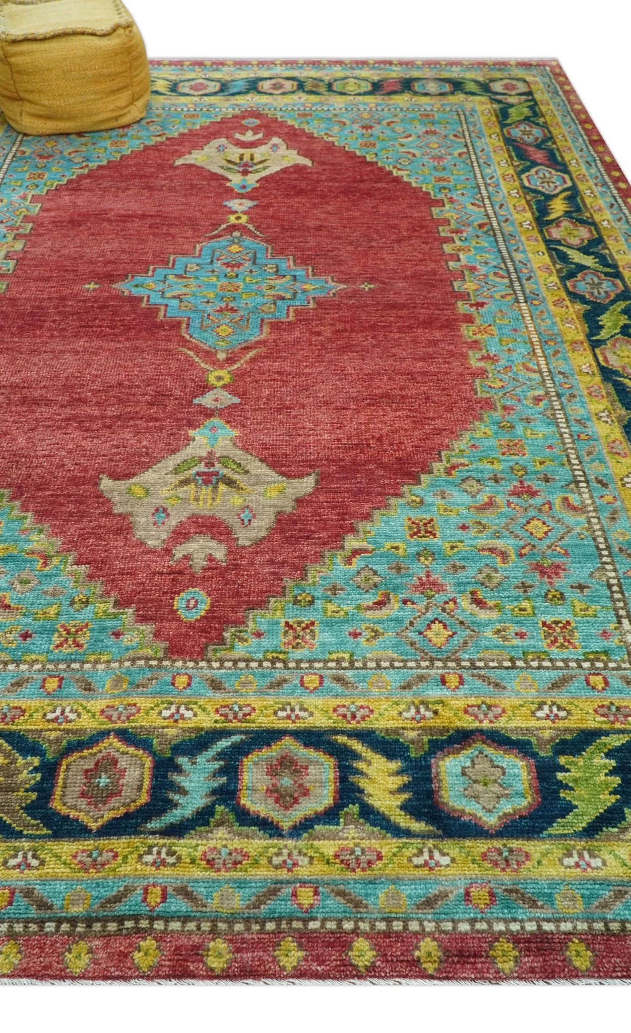Custom Made Red And Blue Traditional Serapi Hand Knotted Wool Rug - Image 7
