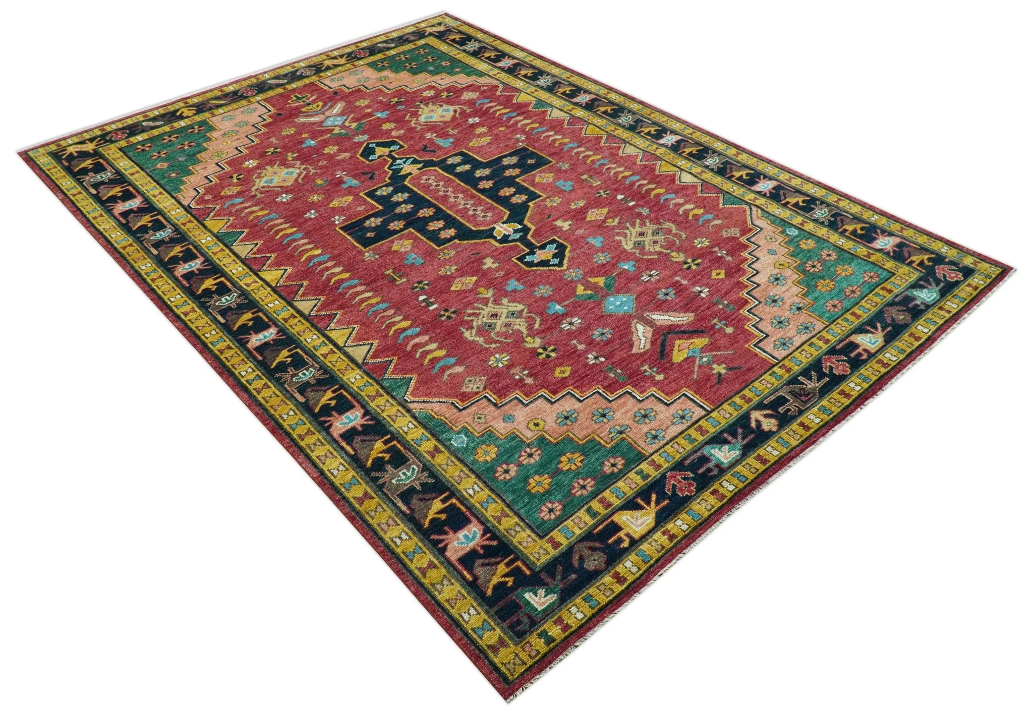 Custom Made Red And Green Traditional Heriz Design Hand Knotted Wool Rug - Image 10