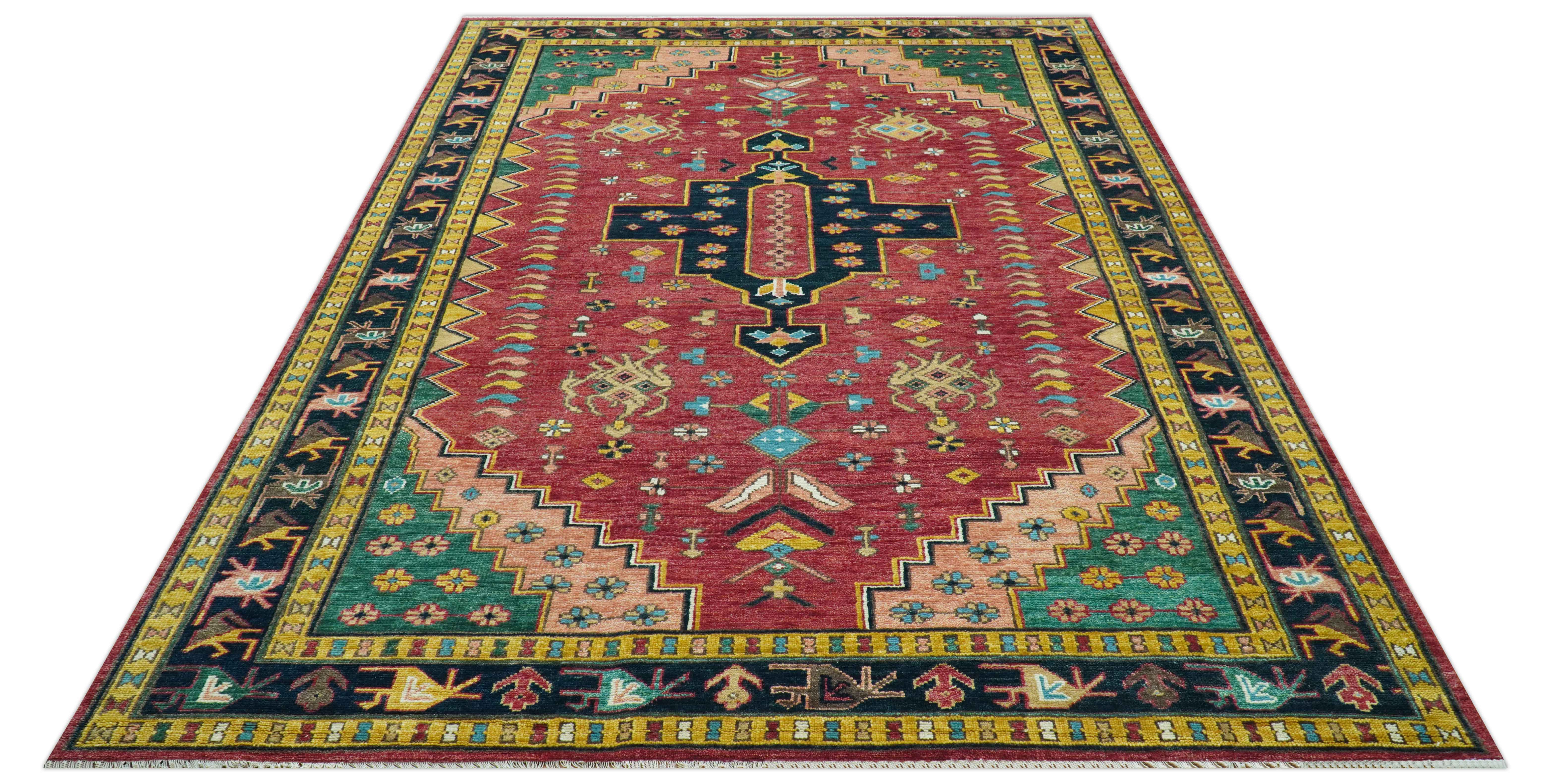 Custom Made Red And Green Traditional Heriz Design Hand Knotted Wool Rug - Image 11