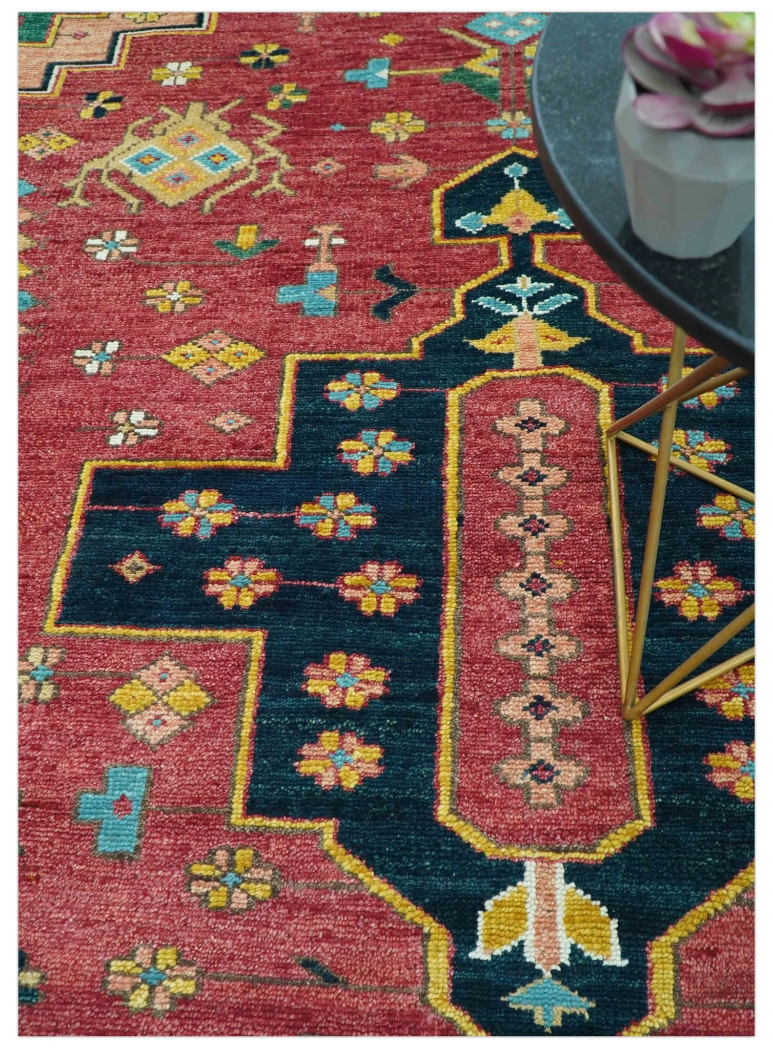 Custom Made Red And Green Traditional Heriz Design Hand Knotted Wool Rug - Image 3